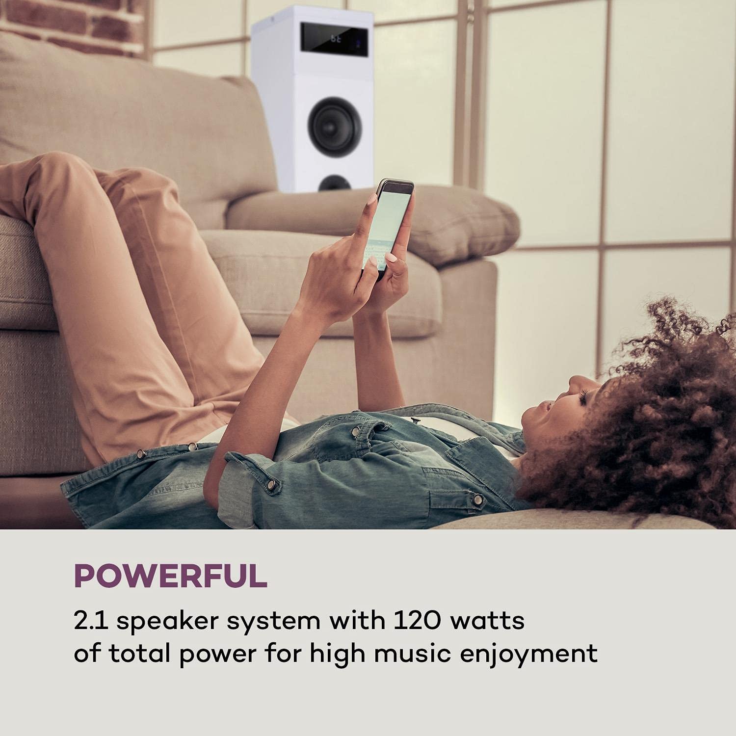 AUNA Karaboom 100 2.1 Channel Bluetooth Tower Speaker System - 120W Max Power, 2-in-1 USB Port, MP3 Playback, AUX Input with Tablet Stand - Perfect for Home Theater, Gaming & Party Sound System (White)