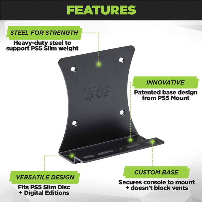 HIDEit PlayStation 5 Slim Wall Mount (Black) - Secure & Space-Saving PS5 Vertical Stand with Headset Holder - Perfect for Gaming Rooms & Small Spaces