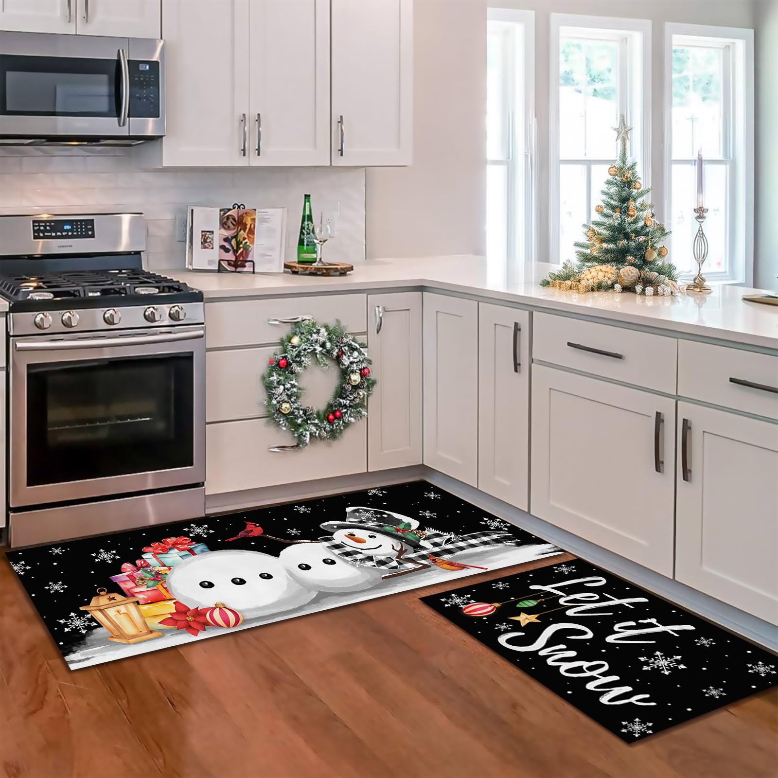 Winter Snowman Kitchen Rugs Set - Non-Slip Christmas Mats for Holiday Decor