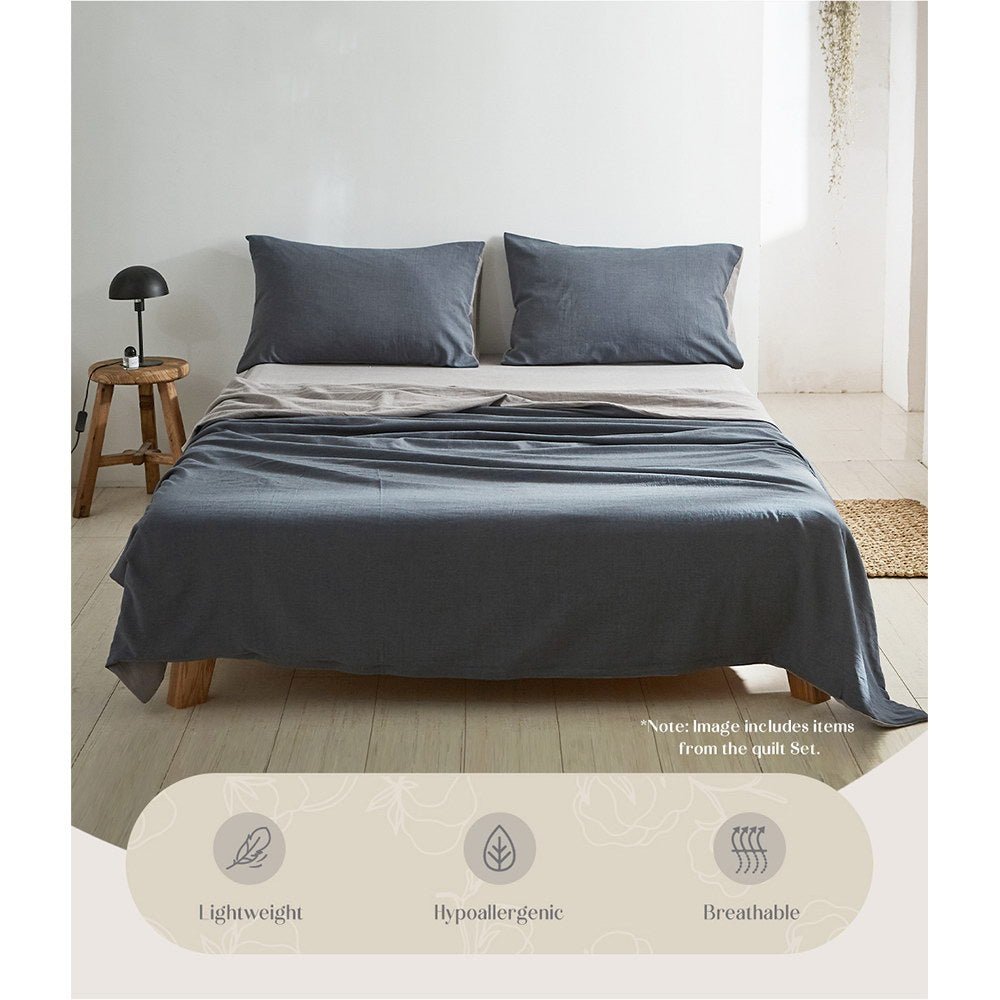 Premium 100% Cotton Sheet Set - Single Size, Soft & Breathable Bed Sheets in Dark Blue & Grey - Perfect for Bedroom, Guest Room, Dorm & Airbnb