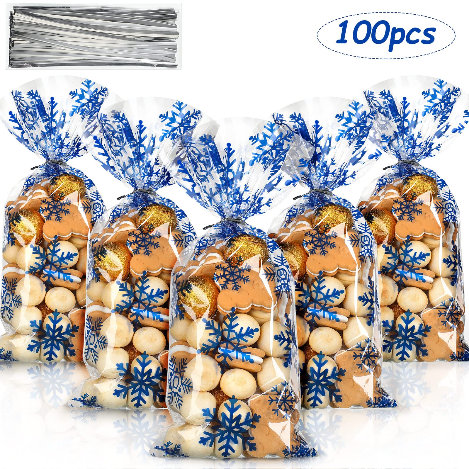 100-Piece Christmas Cellophane Treat Bags with Twist Ties - Snowflake Pattern Plastic Cello Bags for Candy, Cookies, Gifts & Holiday Party Favors - Perfect for Christmas Gift Wrapping, Cookie Exchanges & Festive Treat Packaging