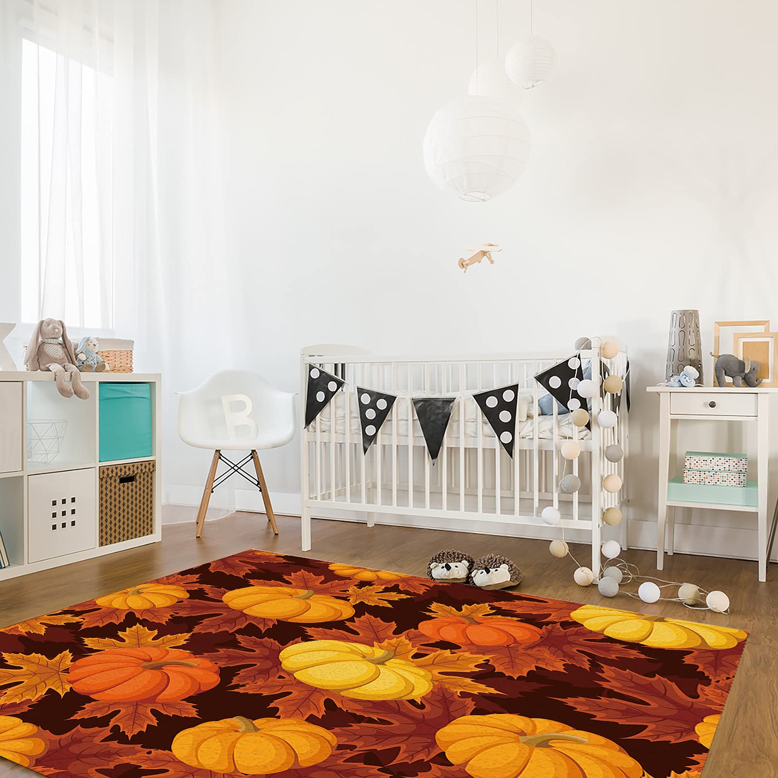 Thanksgiving Rectangular Area Rug 2'7'' x 5' - Large Indoor Outdoor Carpet for Living Room, Dining Room, Bedroom, Patio & Deck - Fall Decor with Pumpkin and Maple Leaf Design - Perfect for Holiday Gatherings & Seasonal Home Decor