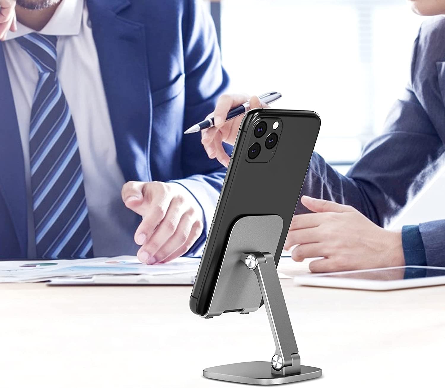 Adjustable Aluminum Phone Stand for Desk - Sturdy & Durable Smartphone Holder with Tilt & Height Control - Works with All Phones (Including Cased Phones) - Perfect for Home Office, Video Calls & Hands-Free Viewing