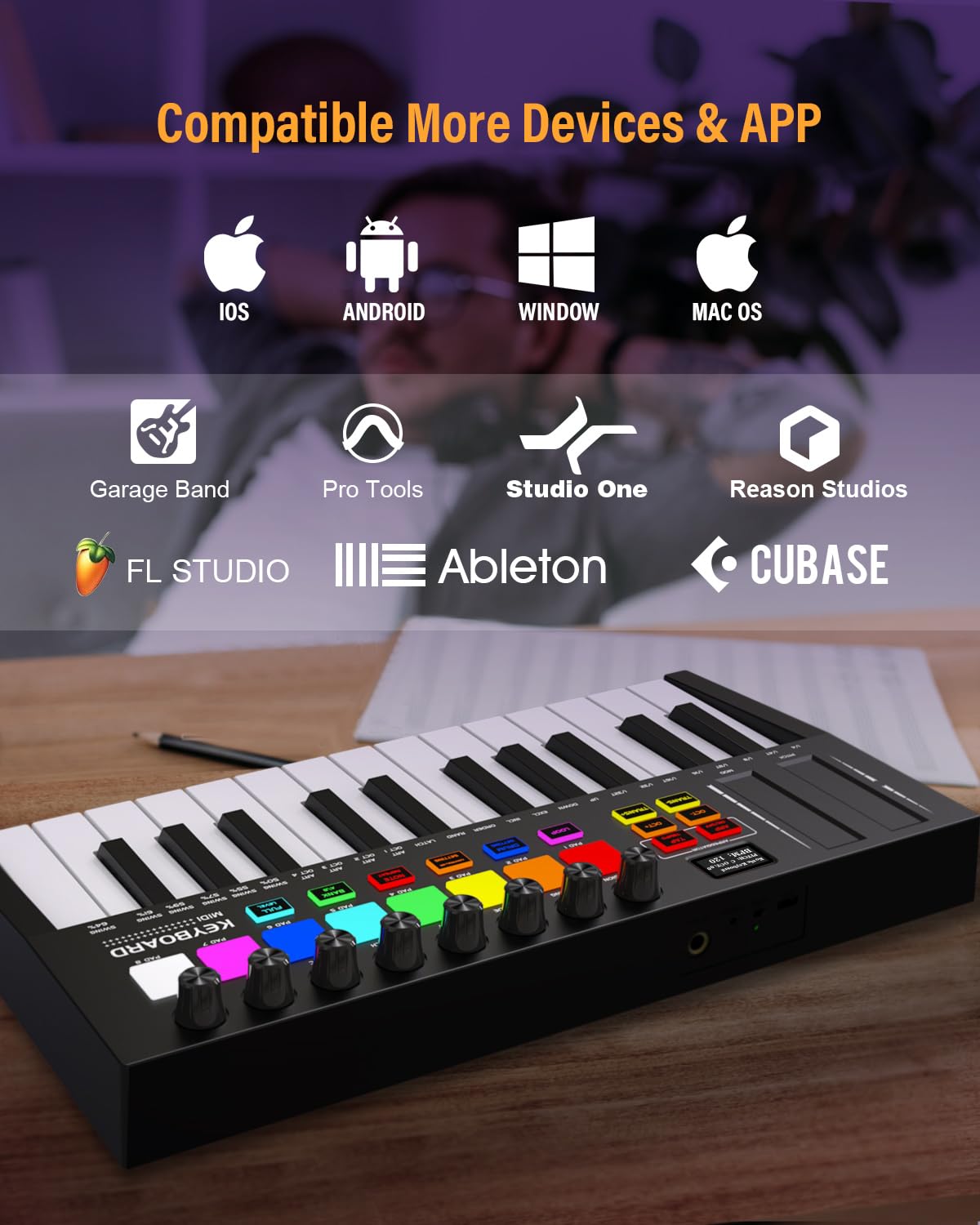 25-Key USB MIDI Keyboard Controller with 8 Backlit Drum Pads & 8 Knobs - Portable MIDI Piano Keyboard with OLED Display for Music Production, Beat Making, Live Performance & Home Studio Recording