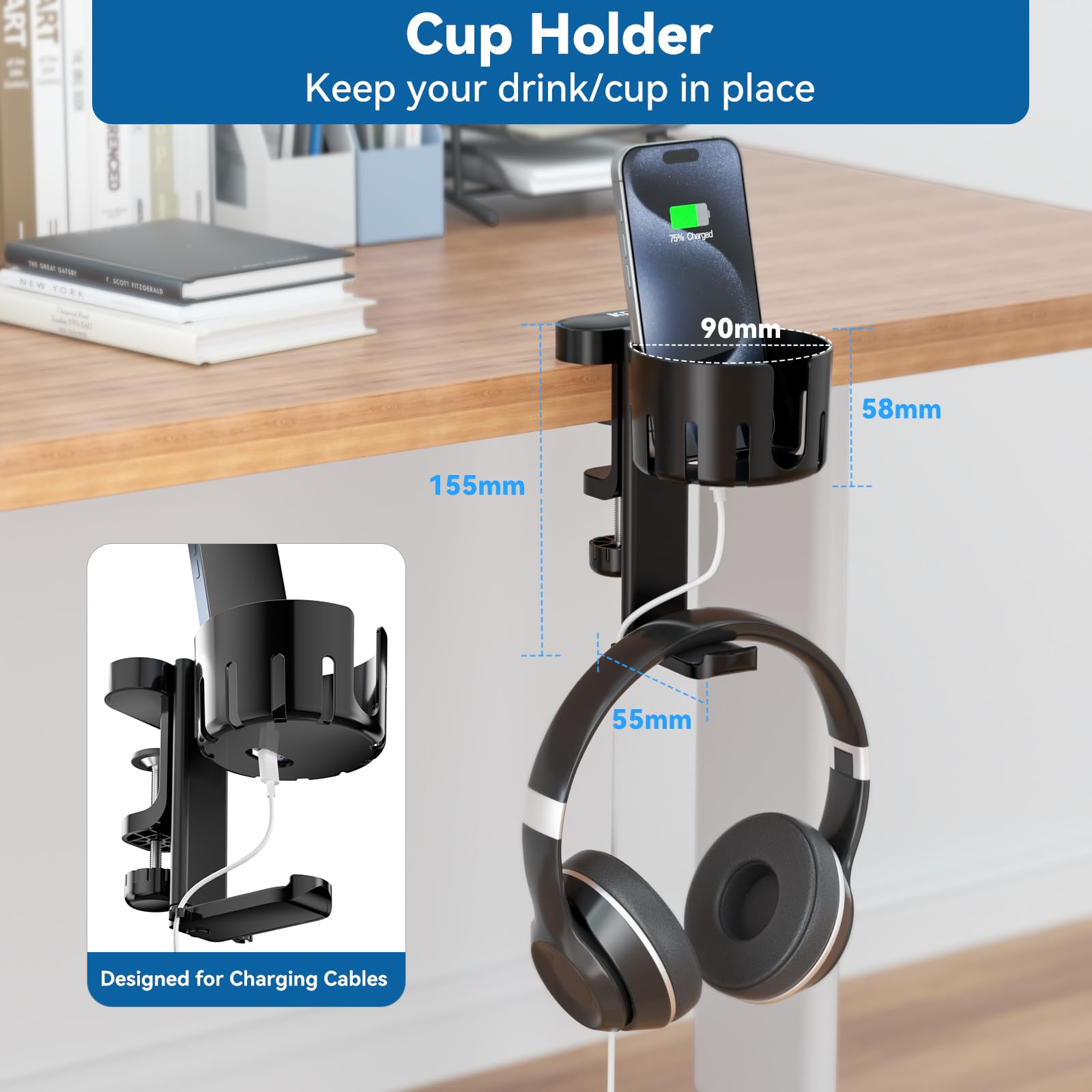 KDD 2-in-1 Rotatable Under Desk Headphone Hanger with Cup Holder - Space Saving Headset Stand for Gaming, Office & Home Use - Holds Coffee Mugs, Water Bottles & Headphones (Black)