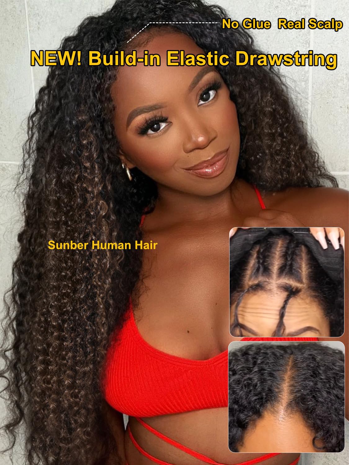 Sunber EasiContour V Part Human Hair Wig - Ombre Chestnut Brown Curly Glueless Wig | 180% Density No Sew-in V-Shape Clip | Beginner Friendly 16 Inch Ready-to-Wear Wig for Daily Use & Special Occasions