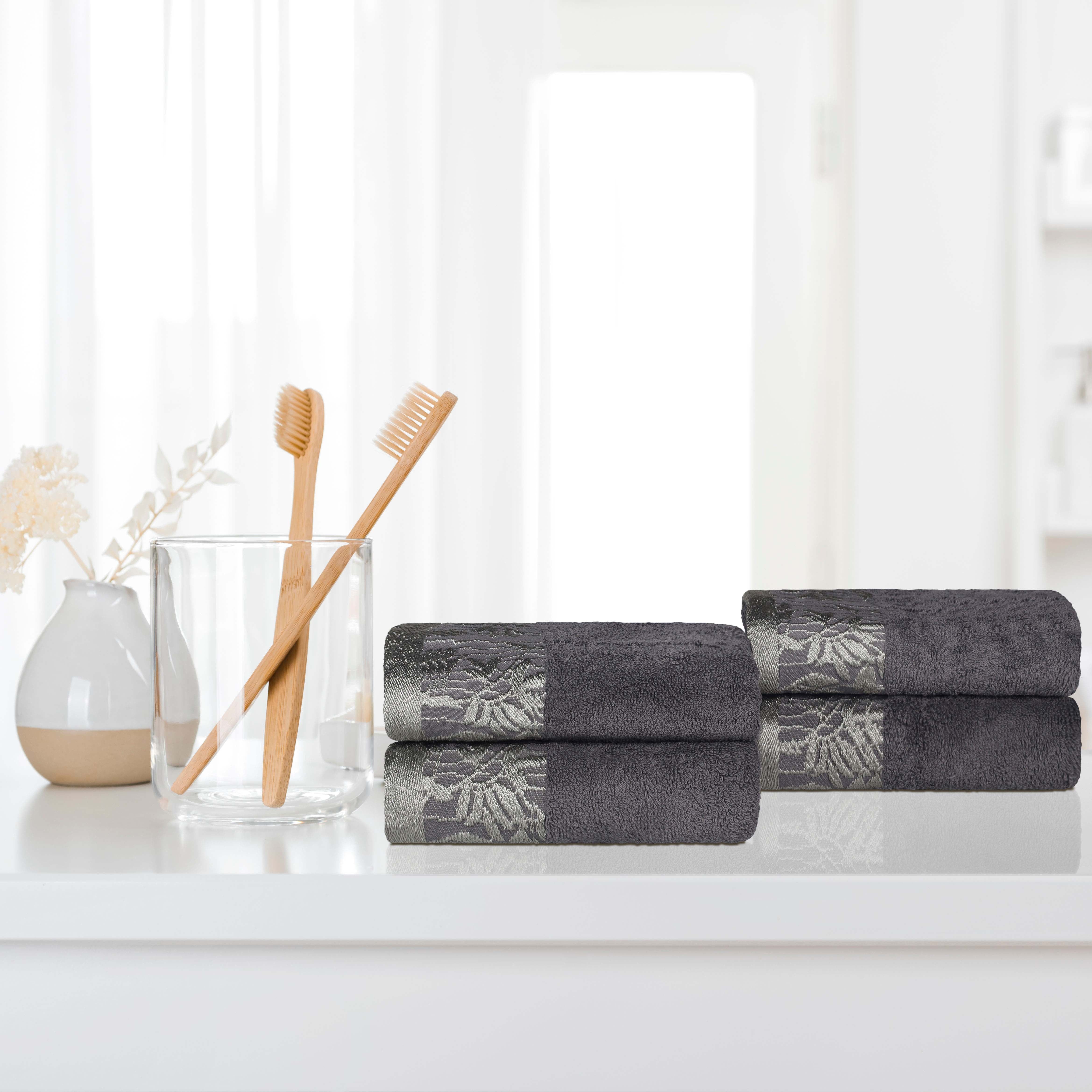 Premium Wisteria Cotton Floral Embroidered Jacquard Border Hand Towels - Set of 4 | Soft Absorbent Bathroom & Kitchen Towels for Guest Bath, Powder Room, and Luxury Home Decor