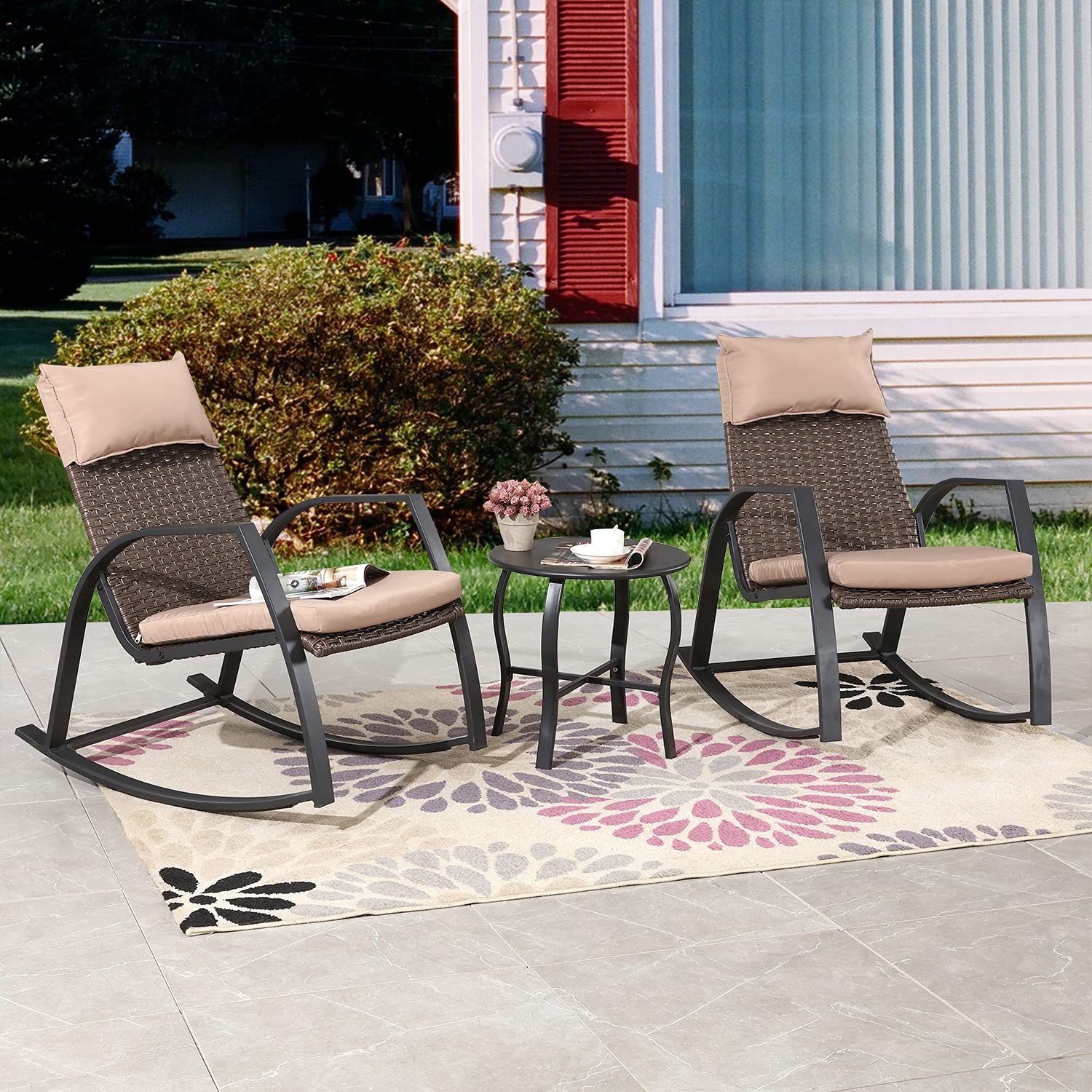 Romayard 3-Piece Metal Outdoor Patio Rocking Chair Set with Cushions & Coffee Table - Khaki Bistro Conversation Set for Garden, Porch, Backyard Relaxation