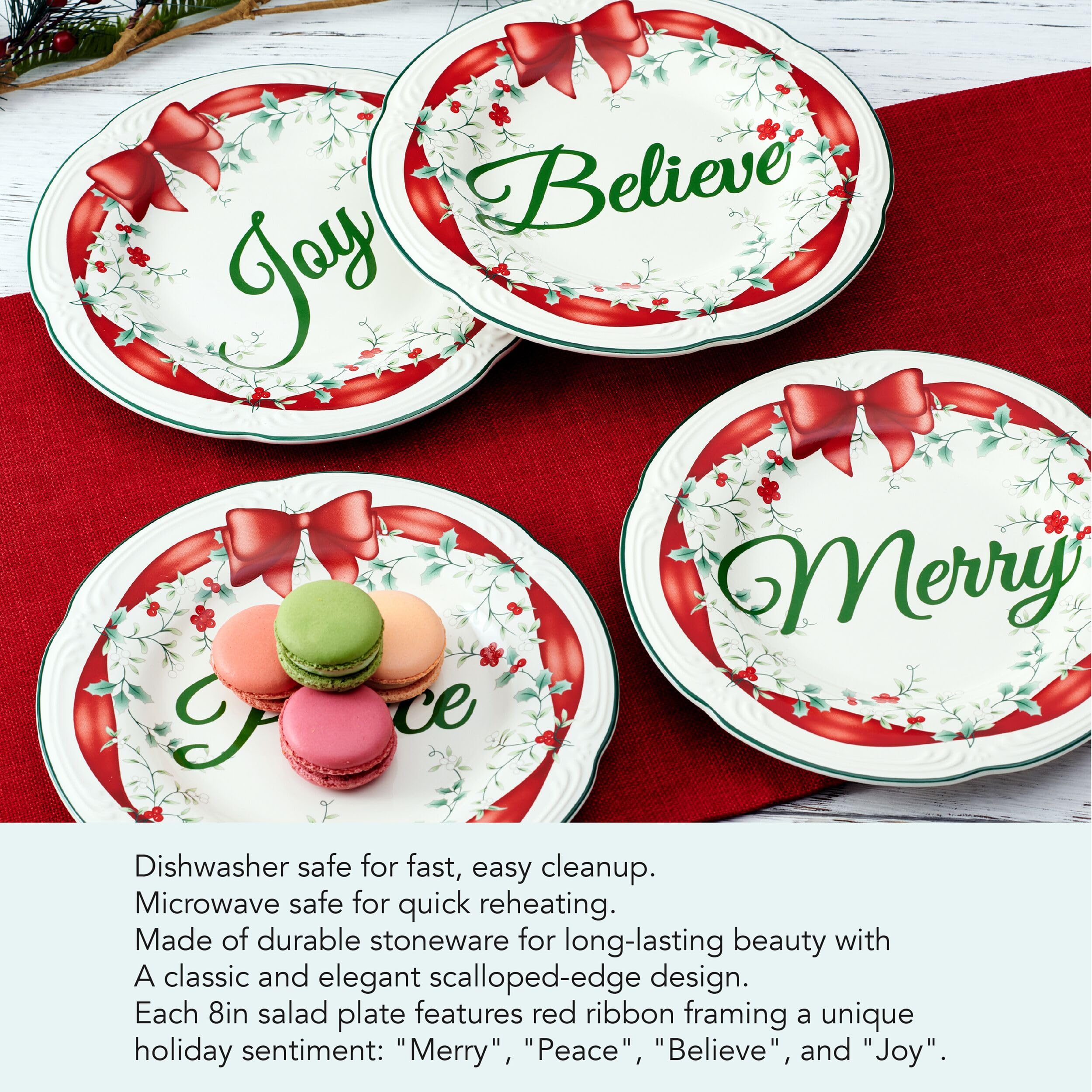 Pfaltzgraff Winterberry Red Ribbon Salad Plates Set of 4 - Elegant Dinnerware for Holiday Entertaining & Christmas Table Decor