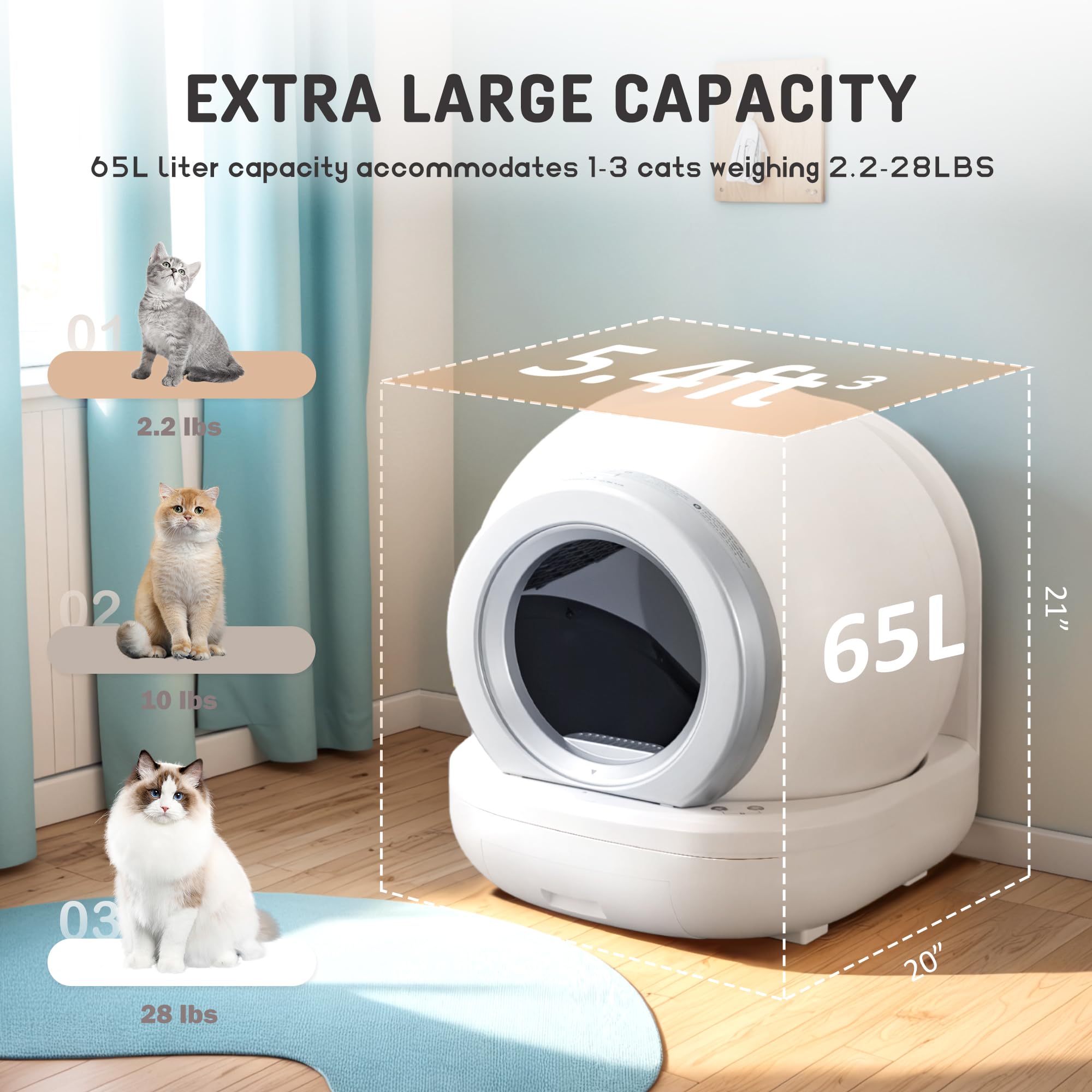 Self Cleaning Cat Litter Box - Automatic Wi-Fi Enabled Smart Litter Box for Multiple Cats with APP Control, Low Noise & Safety Features, Includes Mat & 2 Roll Garbage Bags (White) - Perfect for Busy Pet Owners & Smart Home Integration