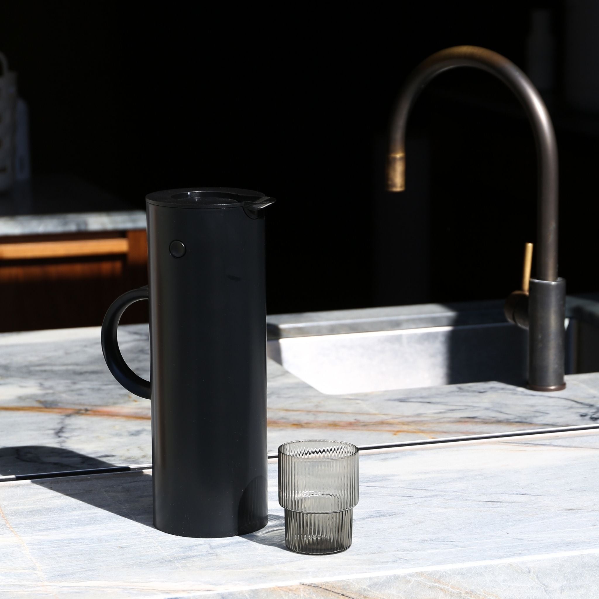 STELTON Em77 1L Vacuum Insulated Water Jug - Soft Black | Keeps Drinks Hot/Cold for Hours | Perfect for Office, Travel & Outdoor Activities