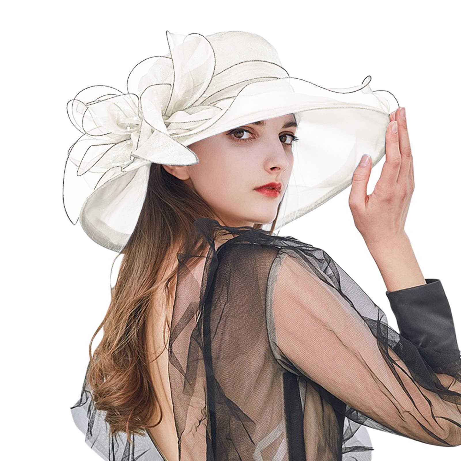 Women's Summer Wide Brim Sun Hat with Flower Design - Elegant Beach Hat for Bridal Shower, Outdoor Wedding & Vacation - UV Protection Floppy Hat for Women's Fashion Accessories