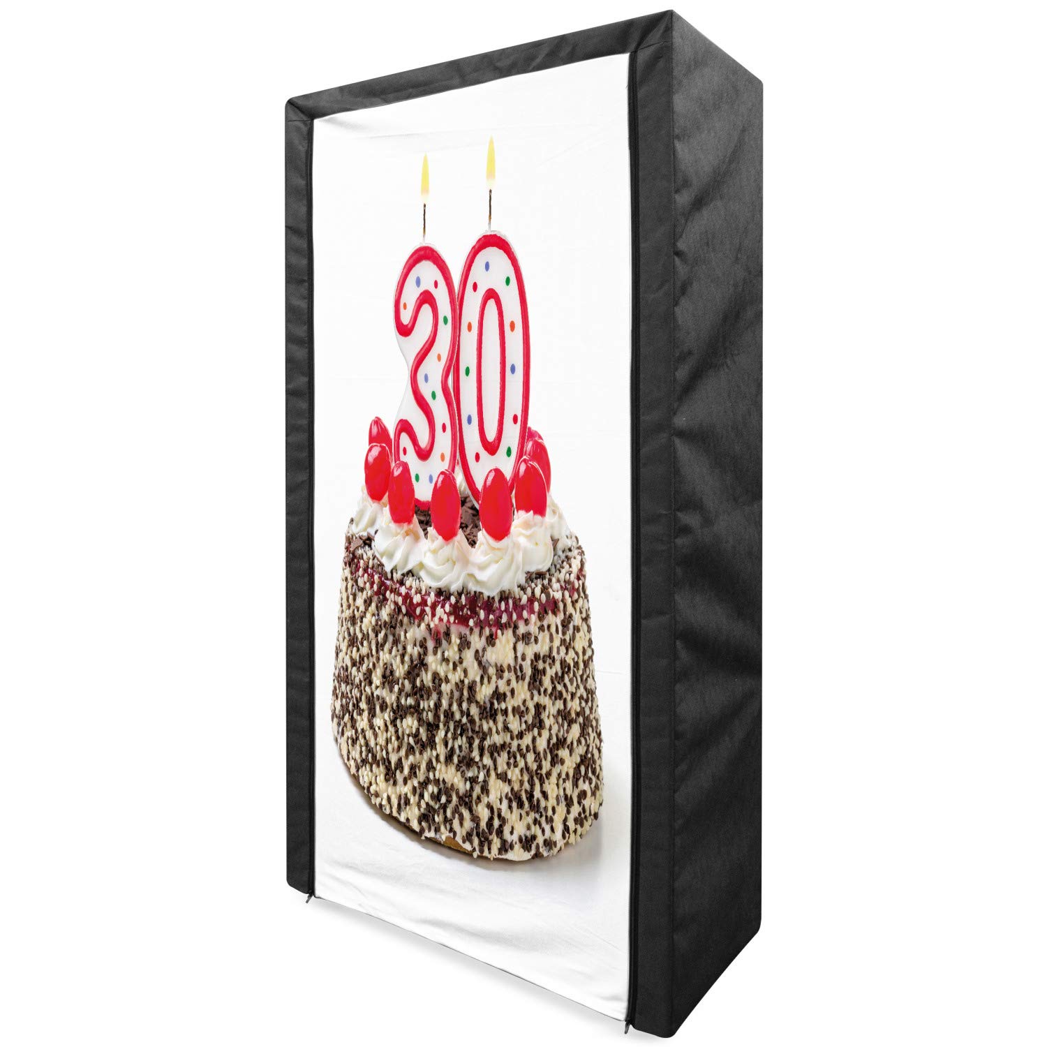 Ambesonne 30th Birthday Portable Fabric Wardrobe - Birthday Cake with Cherries & Candles Print, 33.5 Inch Multicolor Clothing Organizer with Shelves for Bedroom, Closet & Party Decor