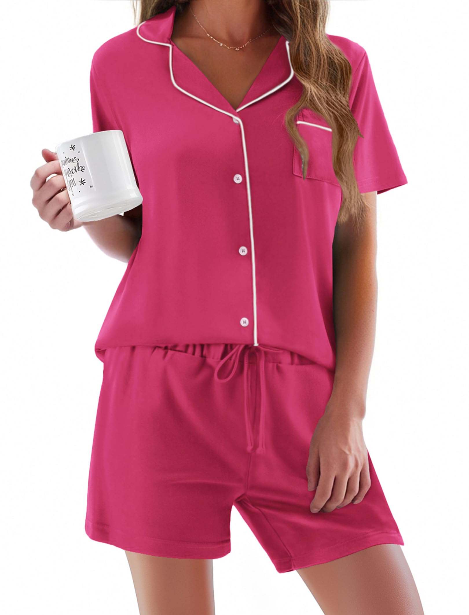 Ekouaer Women's Soft Short Sleeve Pajama Set - Button Down Sleepwear & Lounge 2-Piece PJS for Comfortable Nightwear, Home Relaxation and Gift Giving