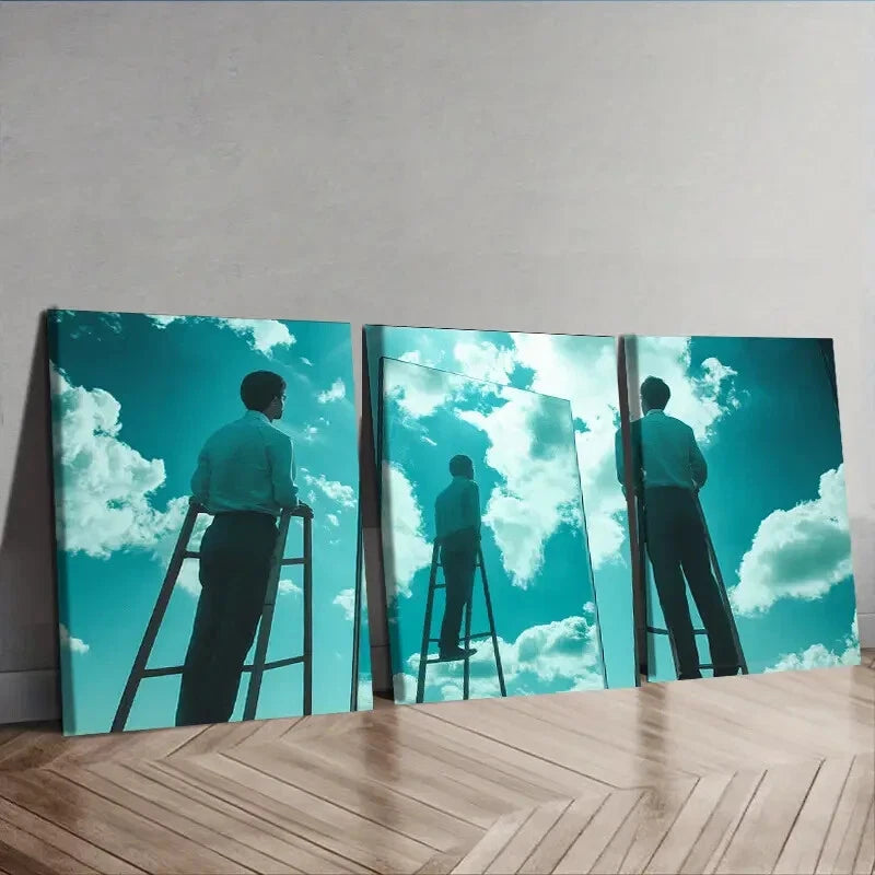 3-Piece Surreal Film Triptych Wall Art Set with Ladder & Sky - Framed Canvas 40x60cm (16x24in) - High Quality Print - 100% Australian Made - Ready to Hang - Perfect for Living Room, Bedroom or Office Decor