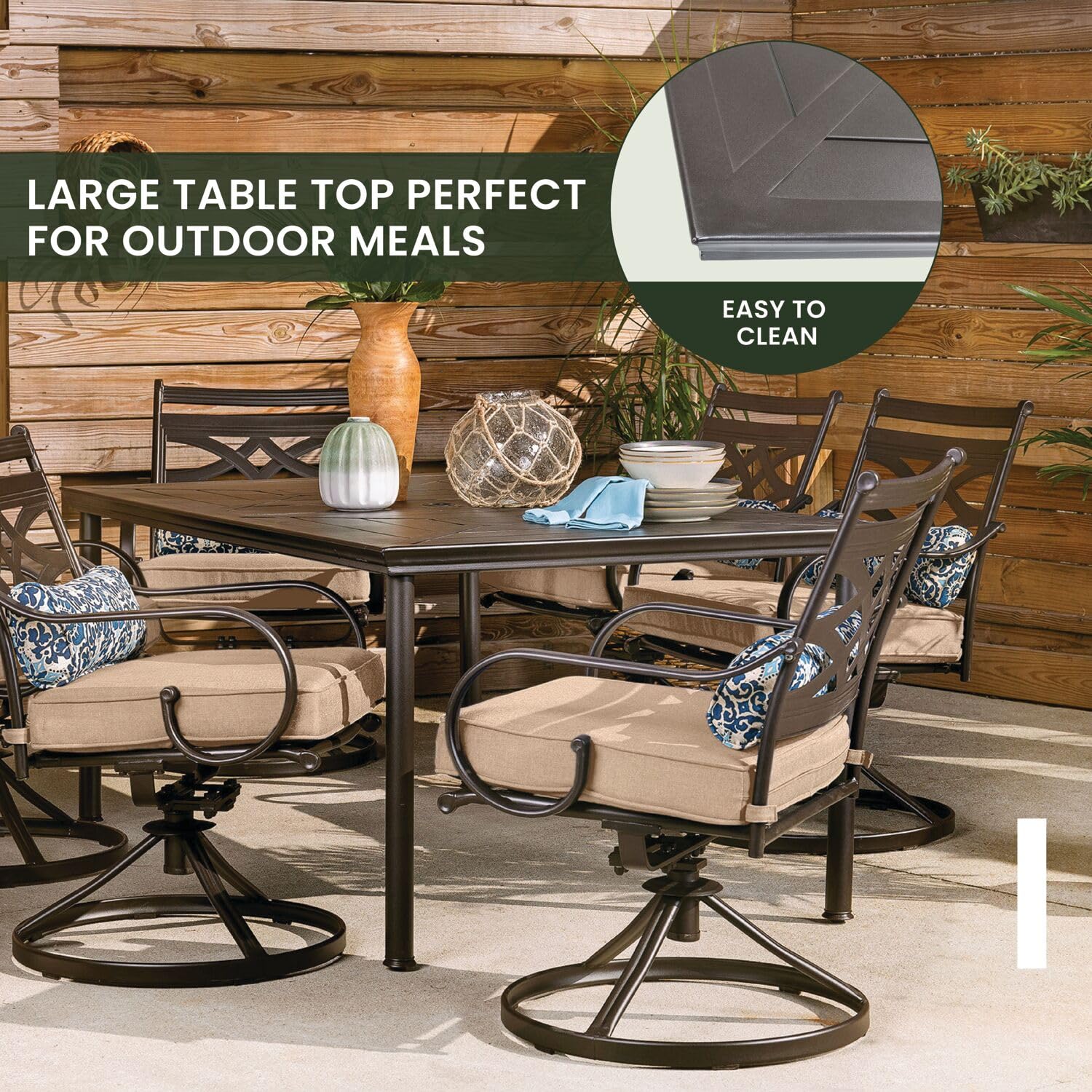 Hanover Montclair 7-Piece Outdoor Dining Set with 6 Swivel Rocking Chairs, Tan Cushions & Durable Steel Table - All-Weather Patio Furniture for Deck, Garden, Backyard - Perfect for Family BBQs, Outdoor Entertaining and Relaxing