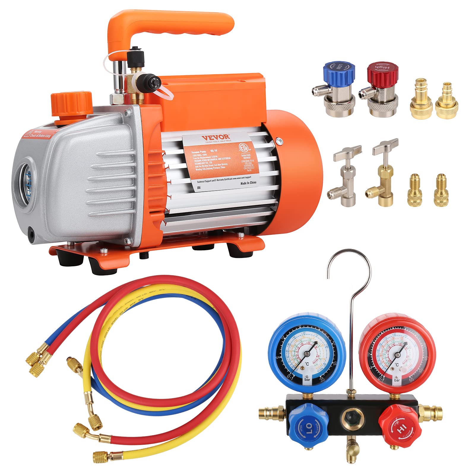 VEVOR 3.5 CFM AC Vacuum Pump & Gauge Set for A2L & A1 Refrigerants (R1234yf R134a) - 1-Stage Rotary Vane Vacuum Pump with Manifold Gauge Kit, Quick Coupler & Bottle Opener - Perfect for HVAC Repair, Auto AC Service & Refrigerant Recovery