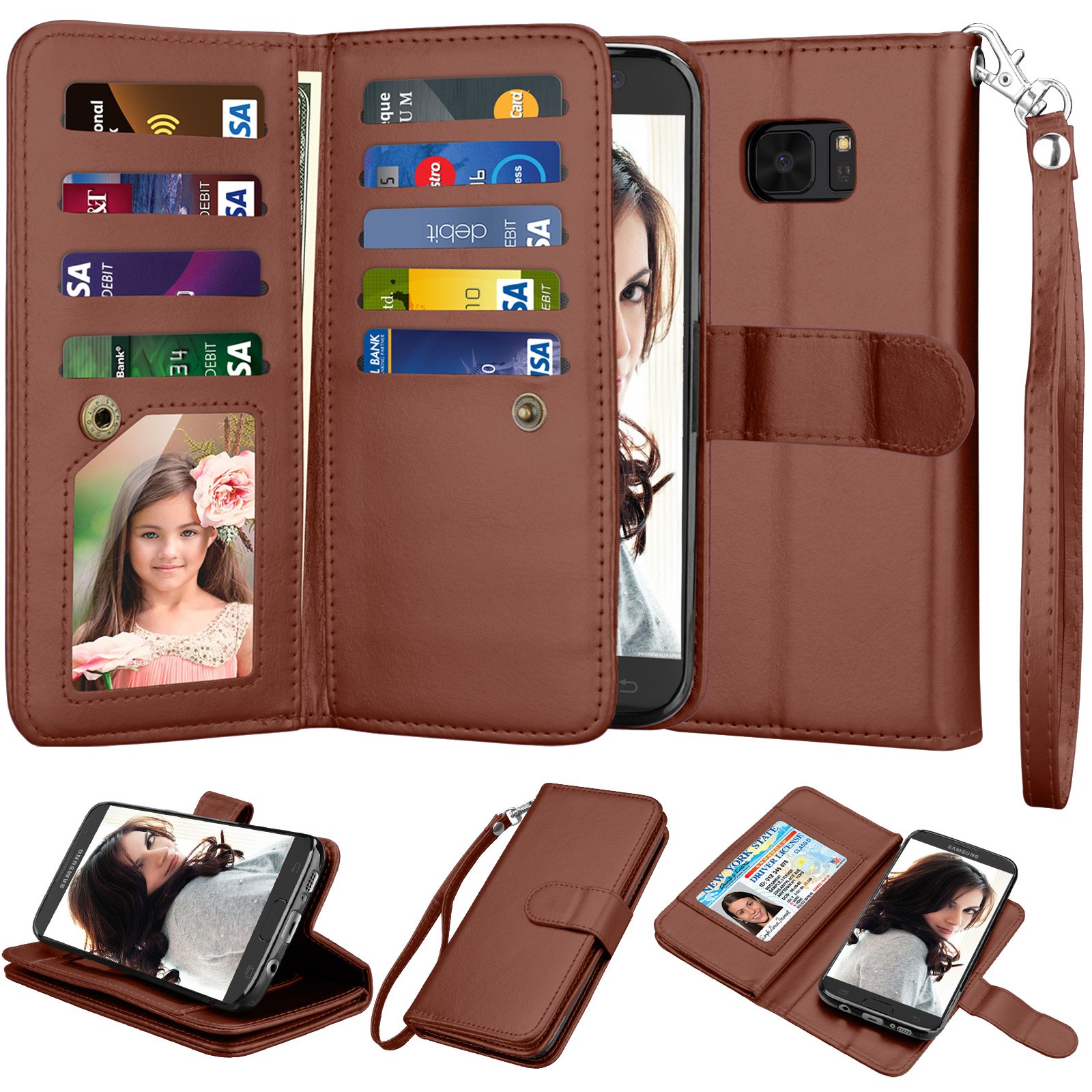 Premium PU Leather Wallet Case for Samsung Galaxy S7 Edge - 9 Card Slots, Detachable Flip Cover with Magnetic Wrist Strap & Kickstand (Brown) | Ideal for Business, Travel & Everyday Use