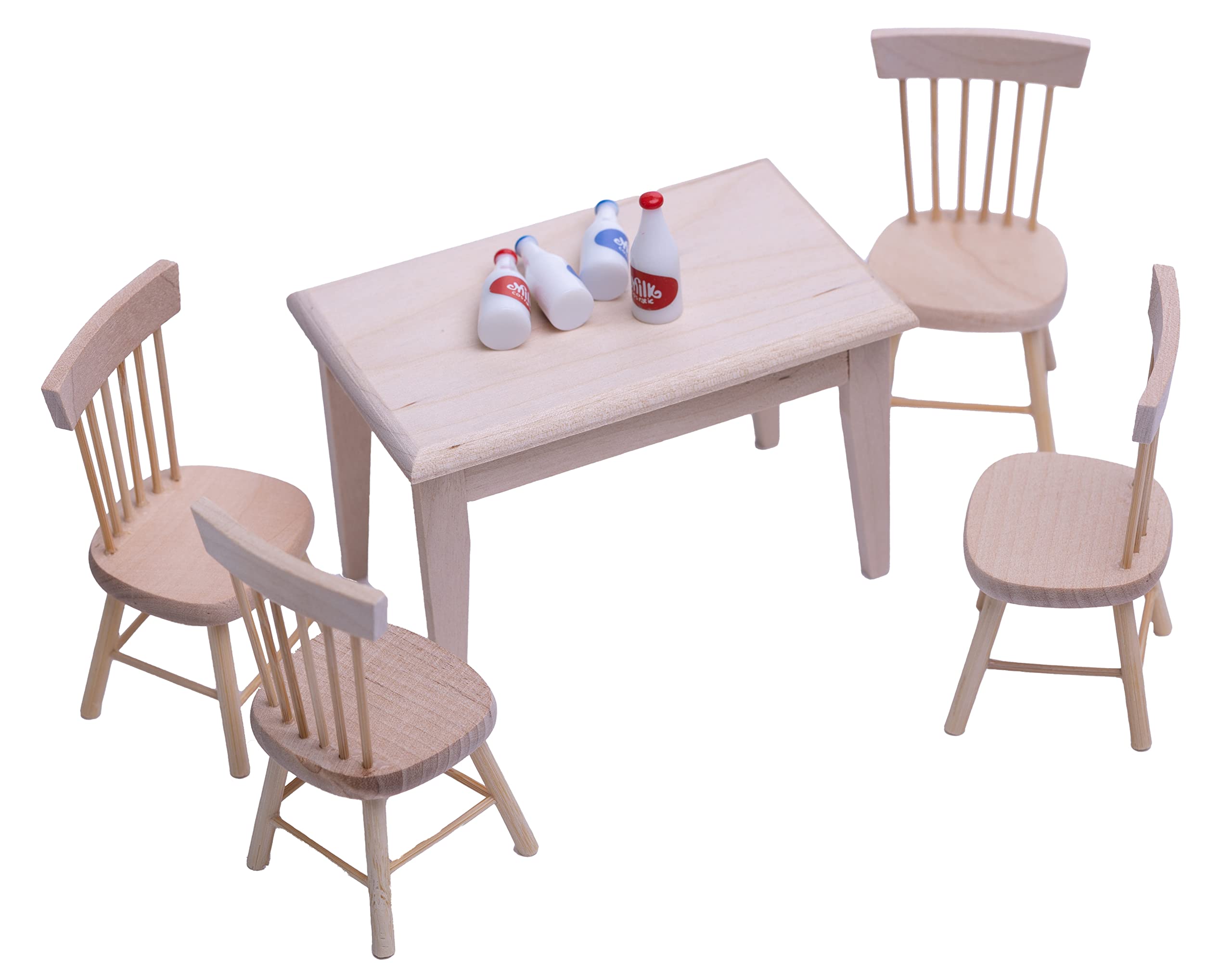 1:12 Scale Miniature Dollhouse Furniture Set - Wooden Dining Table & Chairs with Milk Bottle Accessories | Perfect for Dollhouse Decor, Collectors, and DIY Miniature Scenes