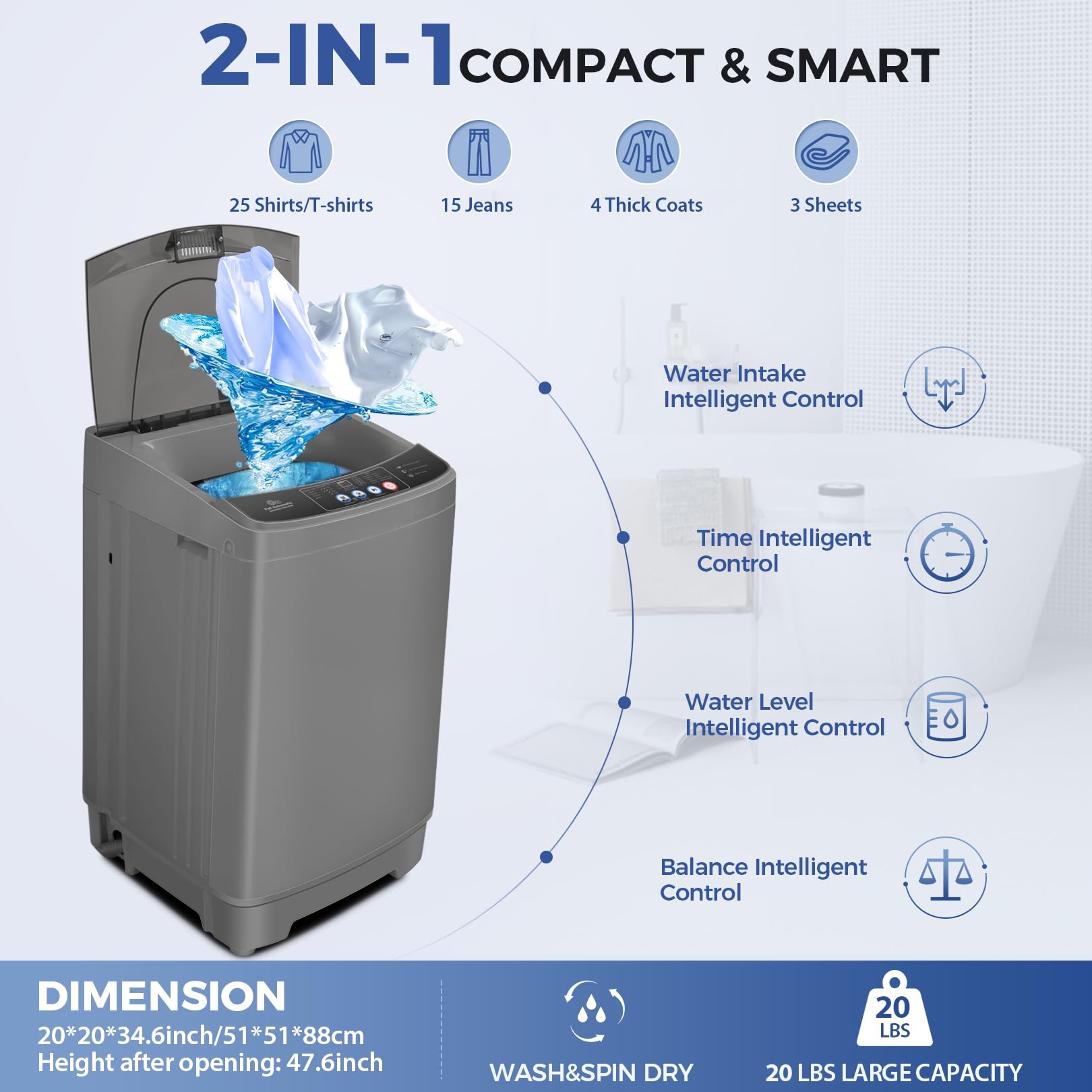 Nictemaw 20Lbs Full-Automatic Portable Washing Machine with Drain Pump - 2.8Cu.ft Compact Washer Dryer Combo, 10 Programs & 8 Water Levels - Perfect for Apartments, Dorms, RVs, Camping & Small Spaces