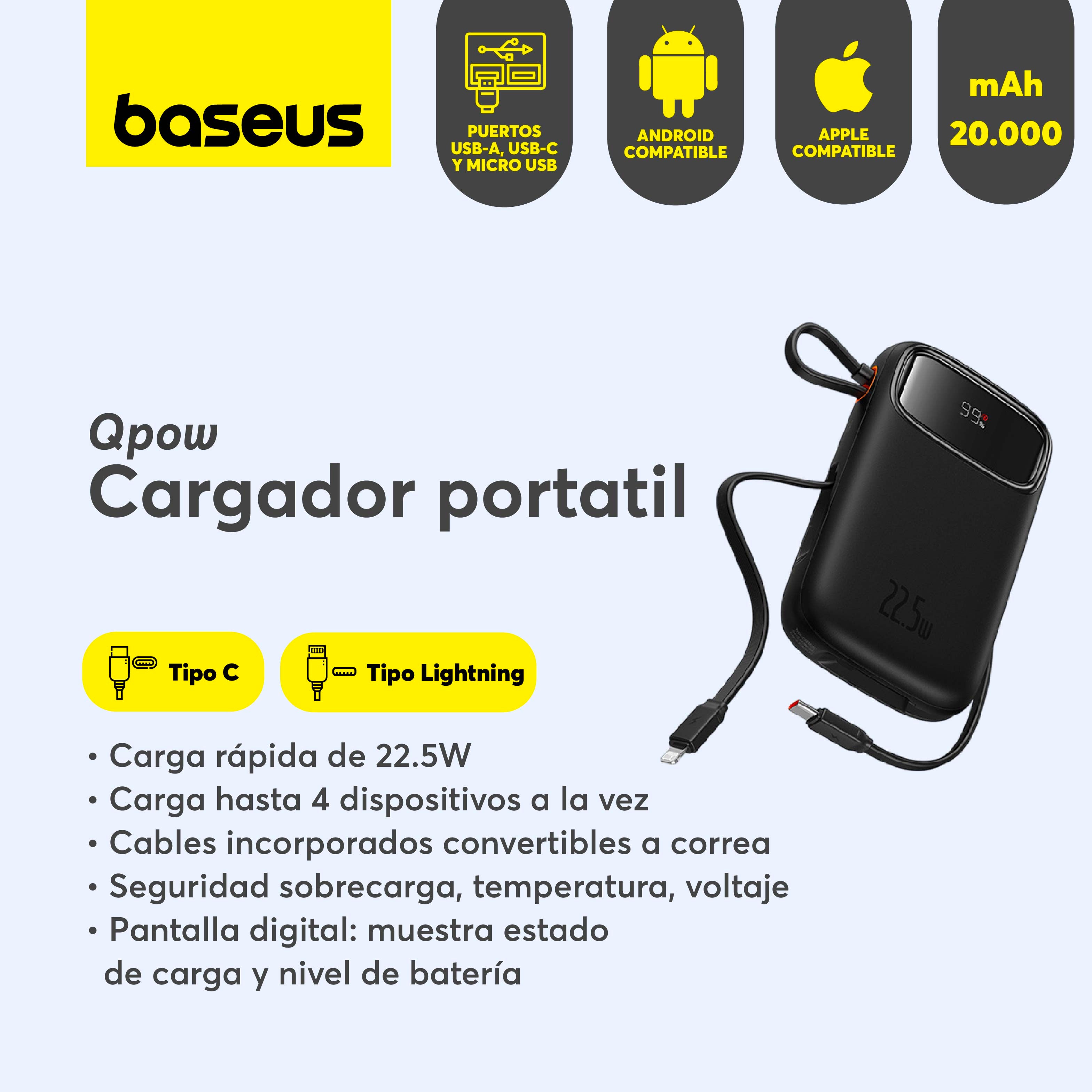 Baseus Qpow2 20000mAh Power Bank with Digital Display - 22.5W Fast Charging Portable Charger with Built-in Lightning & Type C Cables (Black) - Perfect for Travel, Camping & Emergency Power Backup