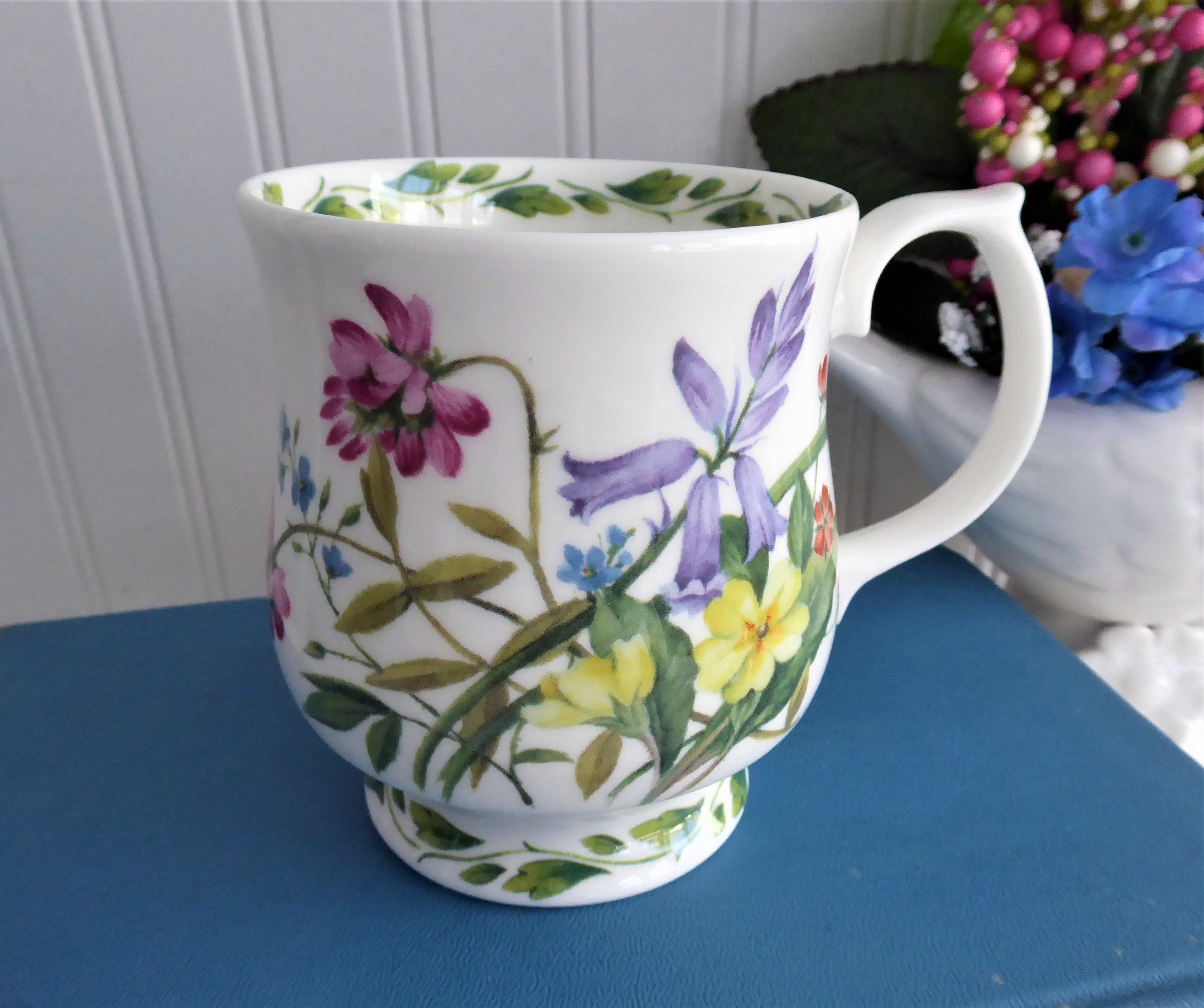 Vintage 1990s English Bone China Mug with Buttercups, Harebells & Clover Floral Design - RHS Queens Collection - Perfect for Tea Time & Collectible Display