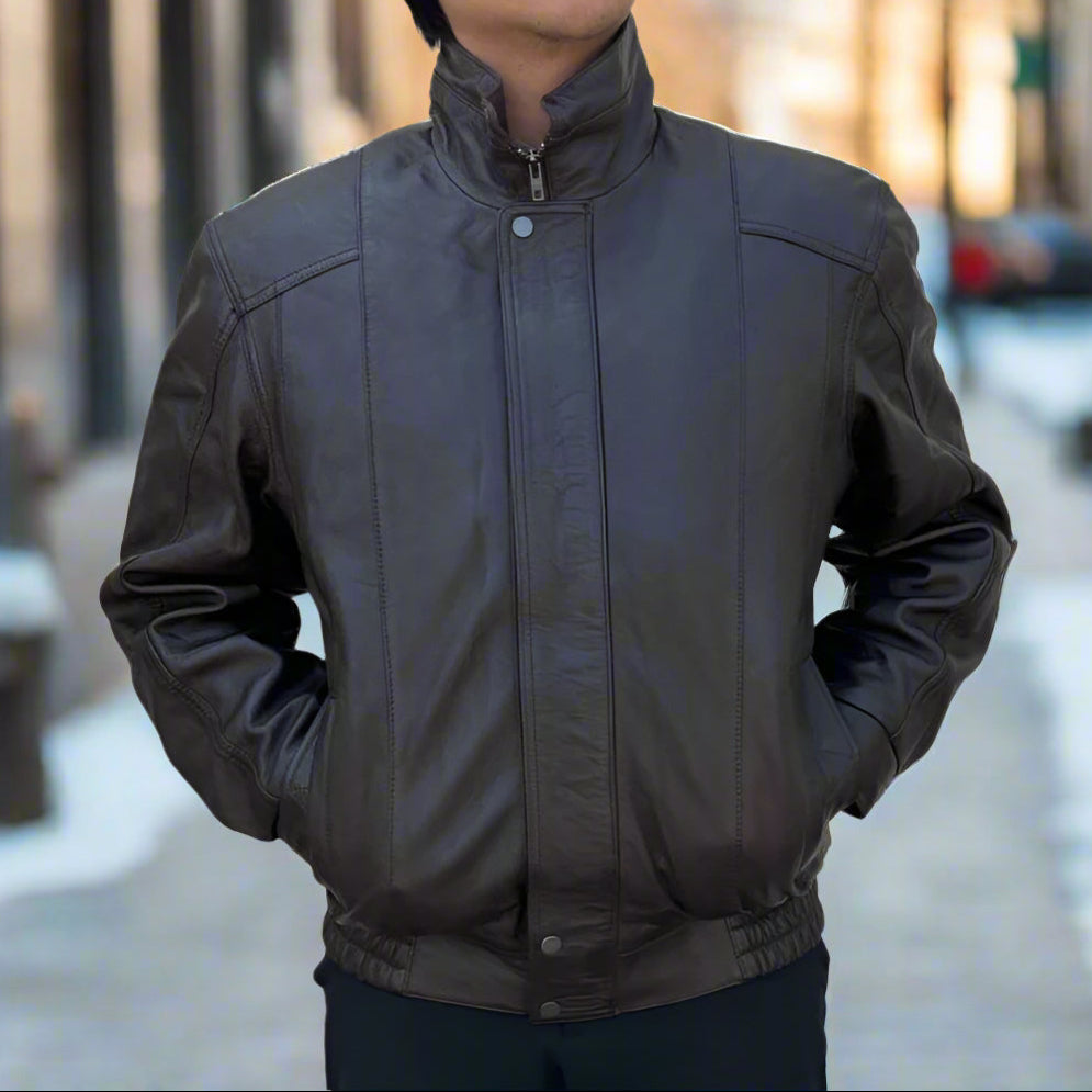 BOL Men's Double Pocket Genuine Leather Bomber Jacket - Stylish & Durable Outerwear for Casual Wear & Motorcycle Riding