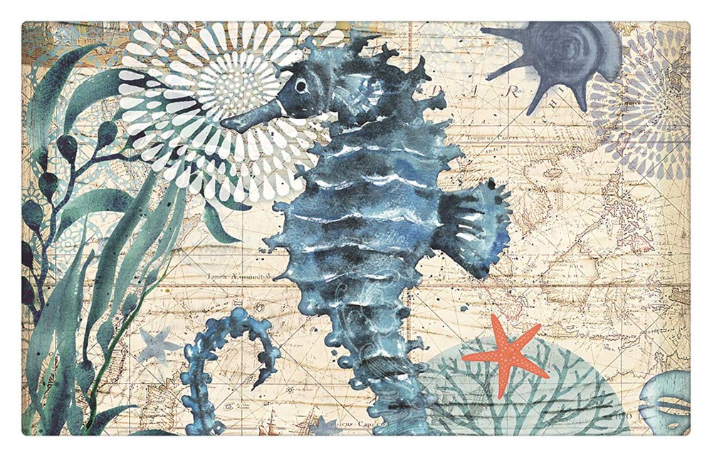FANWS-NEE Seahorse Non-Slip Door Mat - Ocean Mandala Design with Orange Starfish & Ancient Nautical Map - Absorbent Bathroom Rug with Dirt-Trapping Scraper - Perfect for Coastal Homes, Beach Houses & Nautical Decor (Turquoise & Orange)