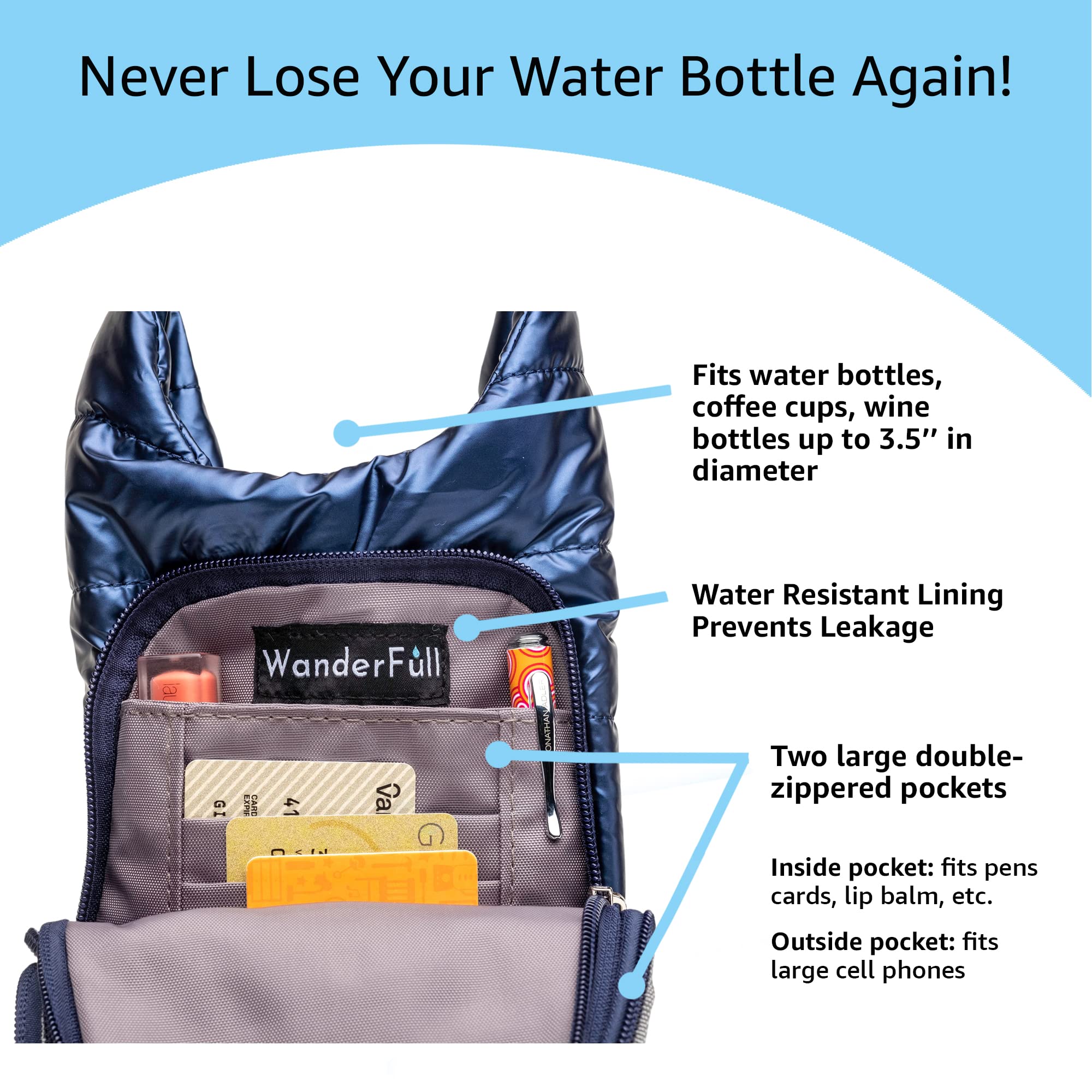Quilted Water Bottle Holder with Strap - Insulated Tote for Hiking & Work