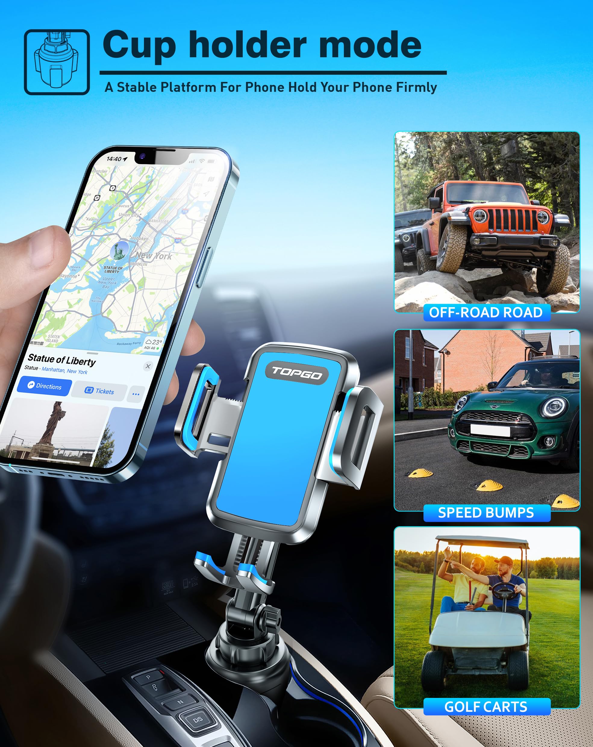 Premium Golf Cart Phone Holder - No Shake, Stable & Adjustable Universal Cup Mount for EZGO/Club Car/Yamaha (Blue) | Perfect for Golfing, Camping & Outdoor Adventures