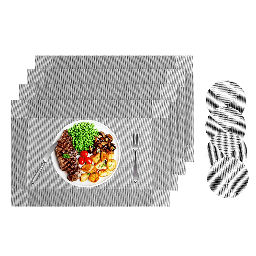 Miorkly Silver Grey PVC Placemats and Coasters Set of 4 - Washable & Heat-Resistant Christmas Table Mats for Home, Restaurant, Holiday Dining Decor (Perfect for Christmas Parties & Family Gatherings)