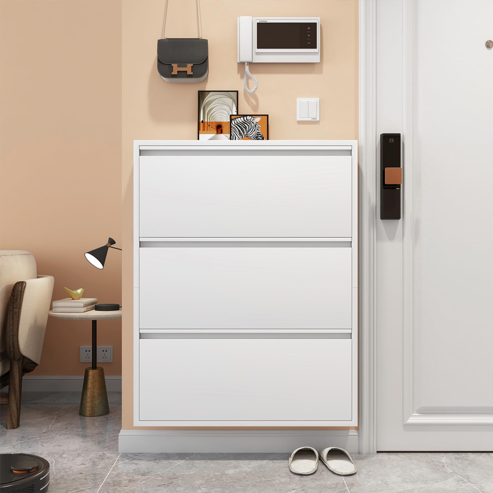 LucyPal 3-Tier Flip Drawers Shoe Storage Cabinet - Narrow Freestanding Shoe Organizer for Entryway, Hallway, Bedroom & Apartment - White Metal Shoe Rack (43