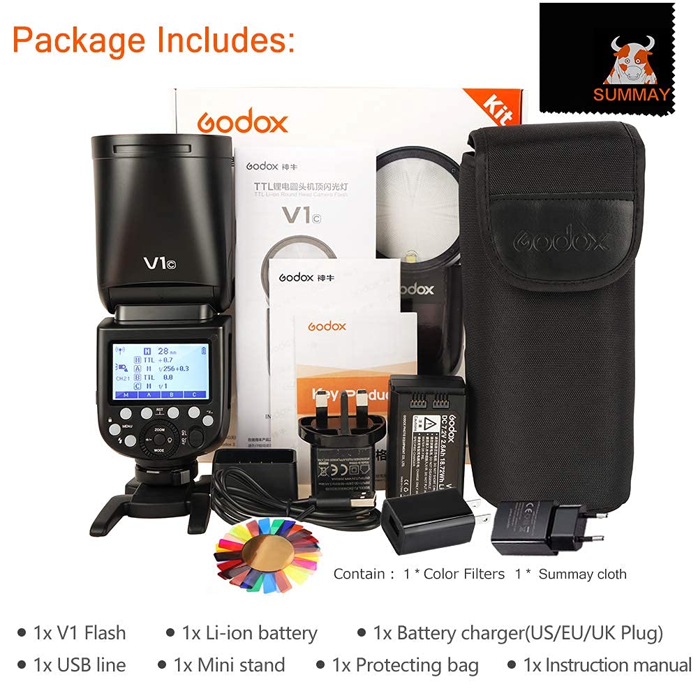GODOX V1-F TTL Round Head Camera Flash with 2W LED Modeling Light – High-Speed Sync 1/8000s, 480 Full Power Flash, 5600±200K Color Temperature – Quick Release Lock for FUJIFILM Cameras – Perfect for Wedding, Portrait & Event Photography