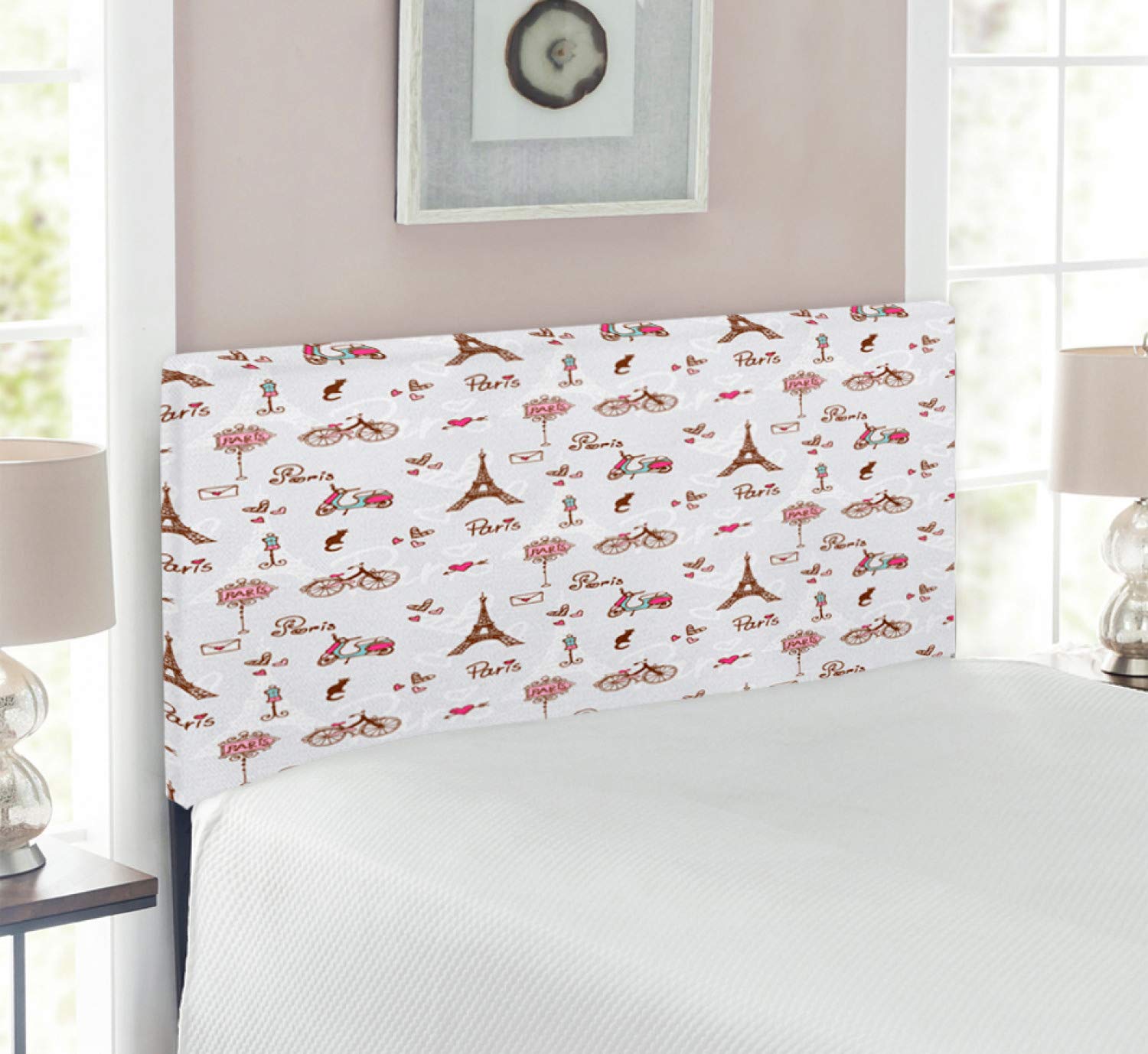 Ambesonne Paris Headboard - Romantic Eiffel Tower & Heart Print Upholstered Metal Bed Frame with Memory Foam, Twin Size, Redwood Pearl Pink | Perfect for Girls' Bedroom, Dorm Decor & French-Themed Home Design