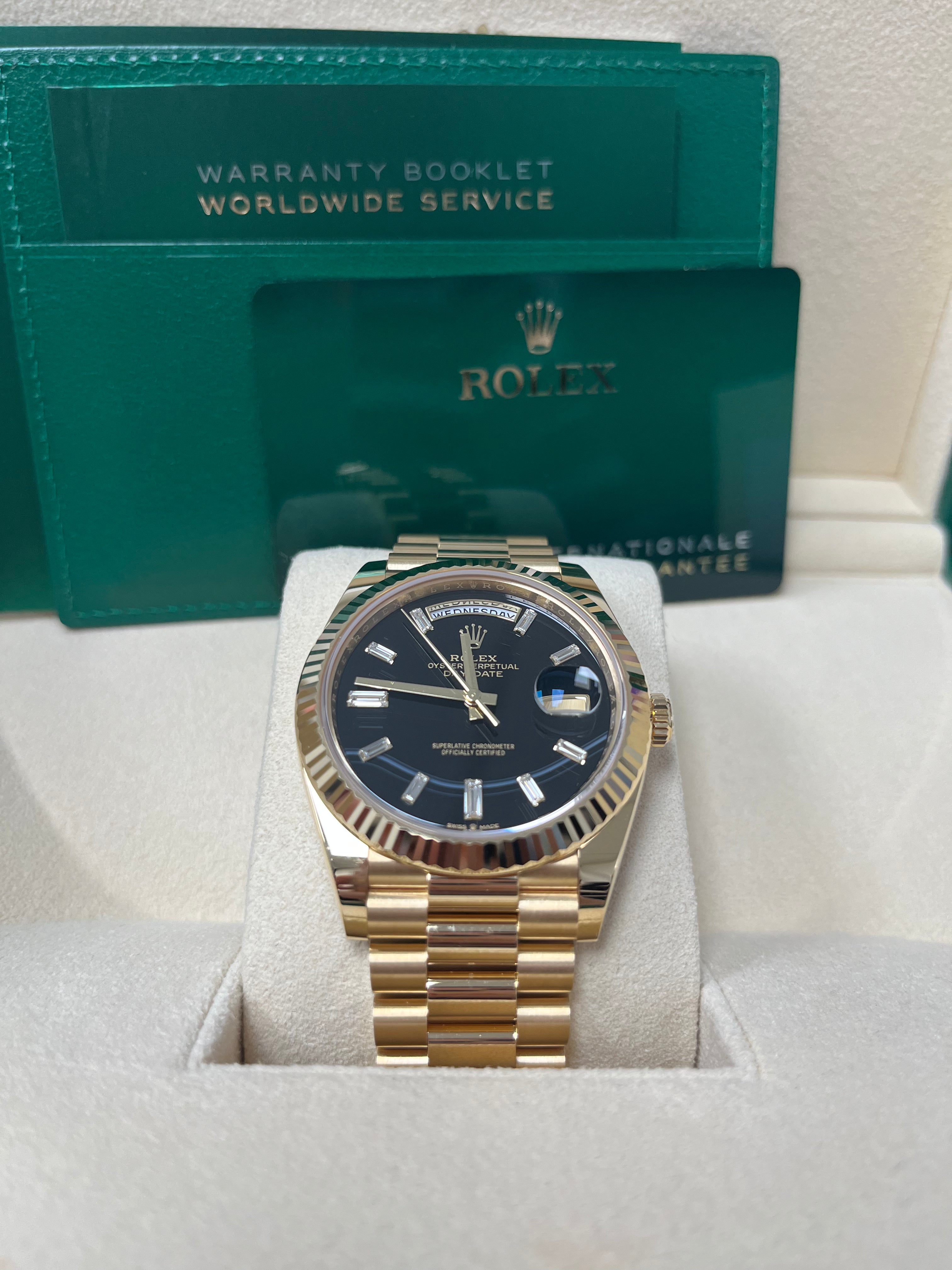 Rolex Day Date 40 Yellow Gold Men's Watch with Fluted Bezel, Onyx Dial & President Bracelet (Model 228238) - Luxury Dress Watch for Business & Formal Occasions