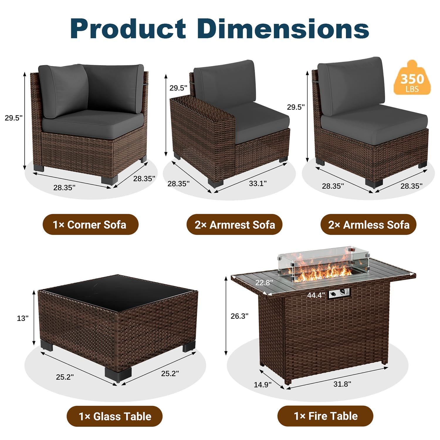 7-Piece Outdoor Patio Furniture Set with Fire Pit Table - Wicker Rattan Sectional Sofa & Coffee Table - 4