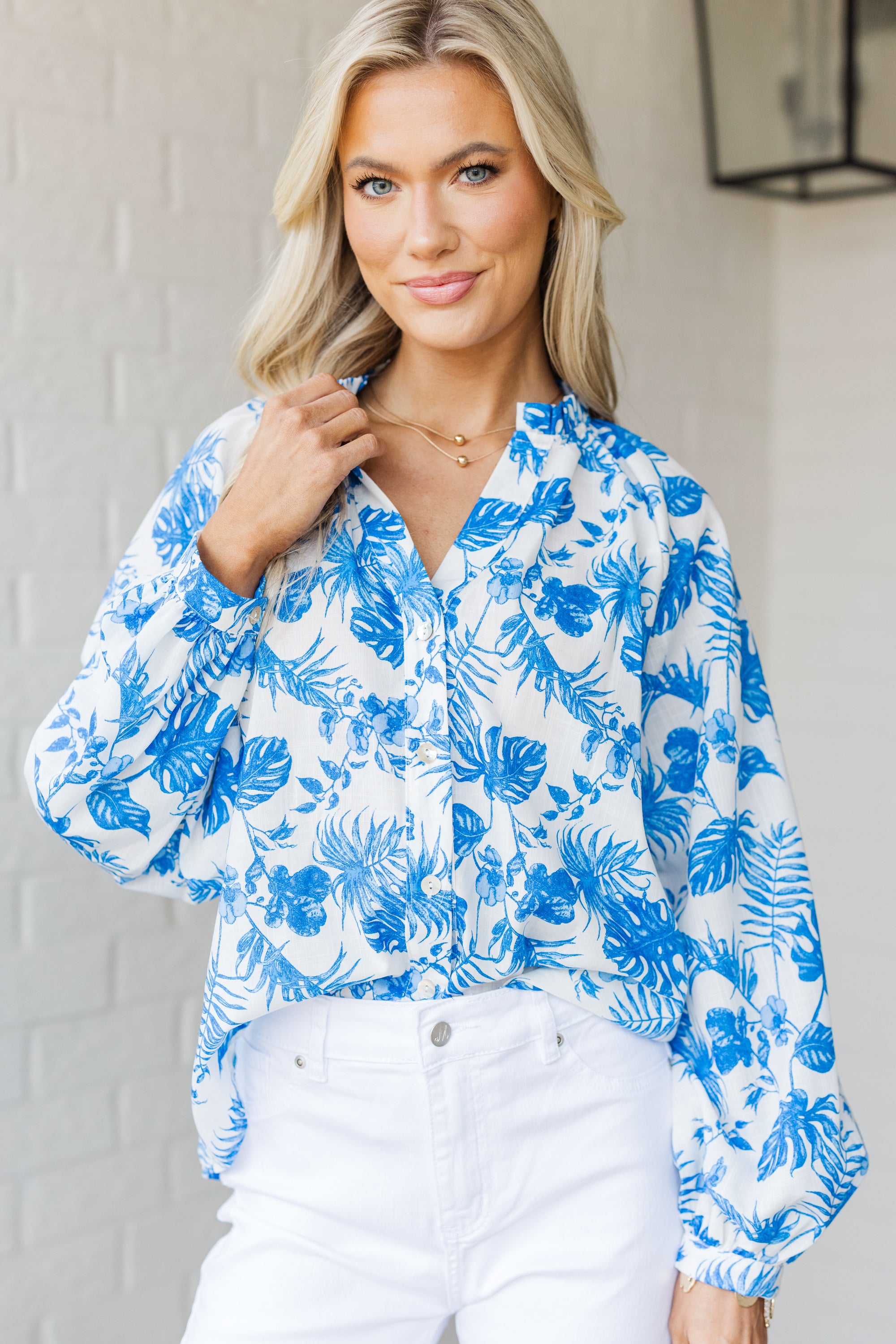Blue Floral Toile Blouse - Vintage Inspired Women's Top for Casual Wear & Spring Outfits | Perfect for Date Nights, Brunch & Office Attire