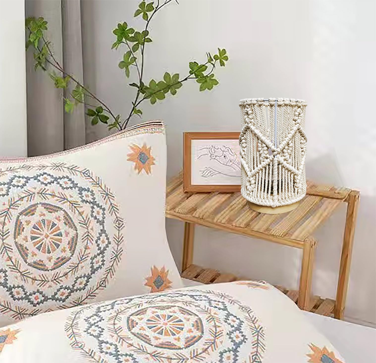 Boho Table Lamp with Hollow-Out Macrame Shade & Solid Wood Base - Handmade Decorative Night Light for Bedroom, Living Room, End Table - Includes Bulb (Creamy White) | Perfect for Cozy Reading Nooks, Romantic Bedside Lighting & Boho Home Decor