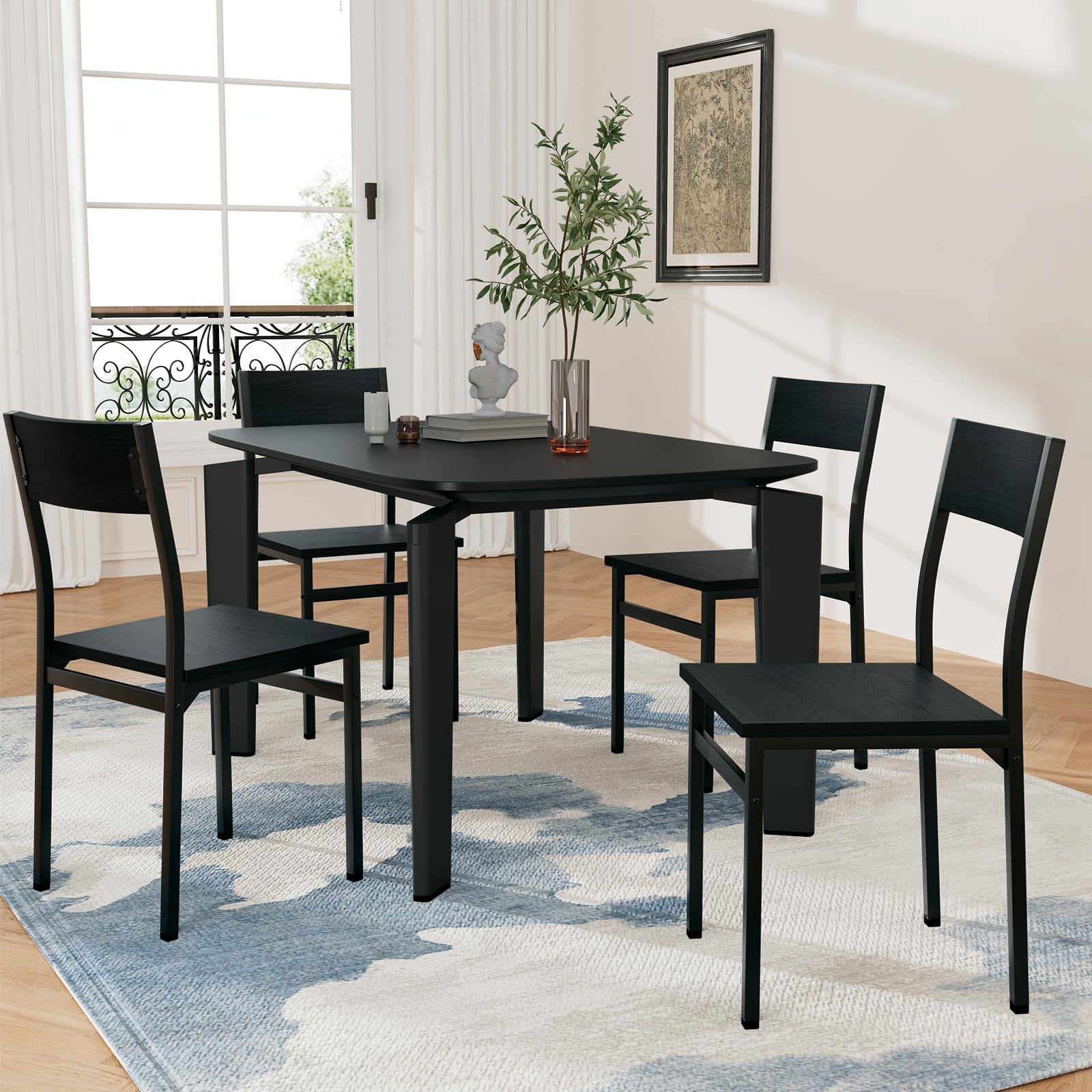 4-Piece Rustic Wood Dining Chairs Set with Metal Steel Frame & Slat Back - Modern Farmhouse Style Kitchen, Dining Room & Living Room Seating (Black) - Perfect for Family Gatherings, Dinner Parties & Home Decor