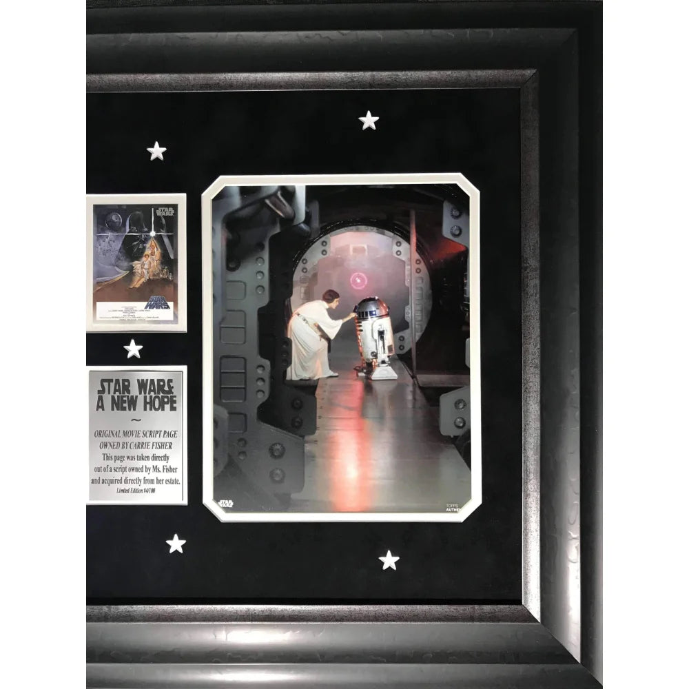 Original Star Wars A New Hope Script Page Owned by Carrie Fisher - Framed Limited Edition #D/100 with Estate COA - Perfect for Movie Memorabilia Collectors & Star Wars Fans Display