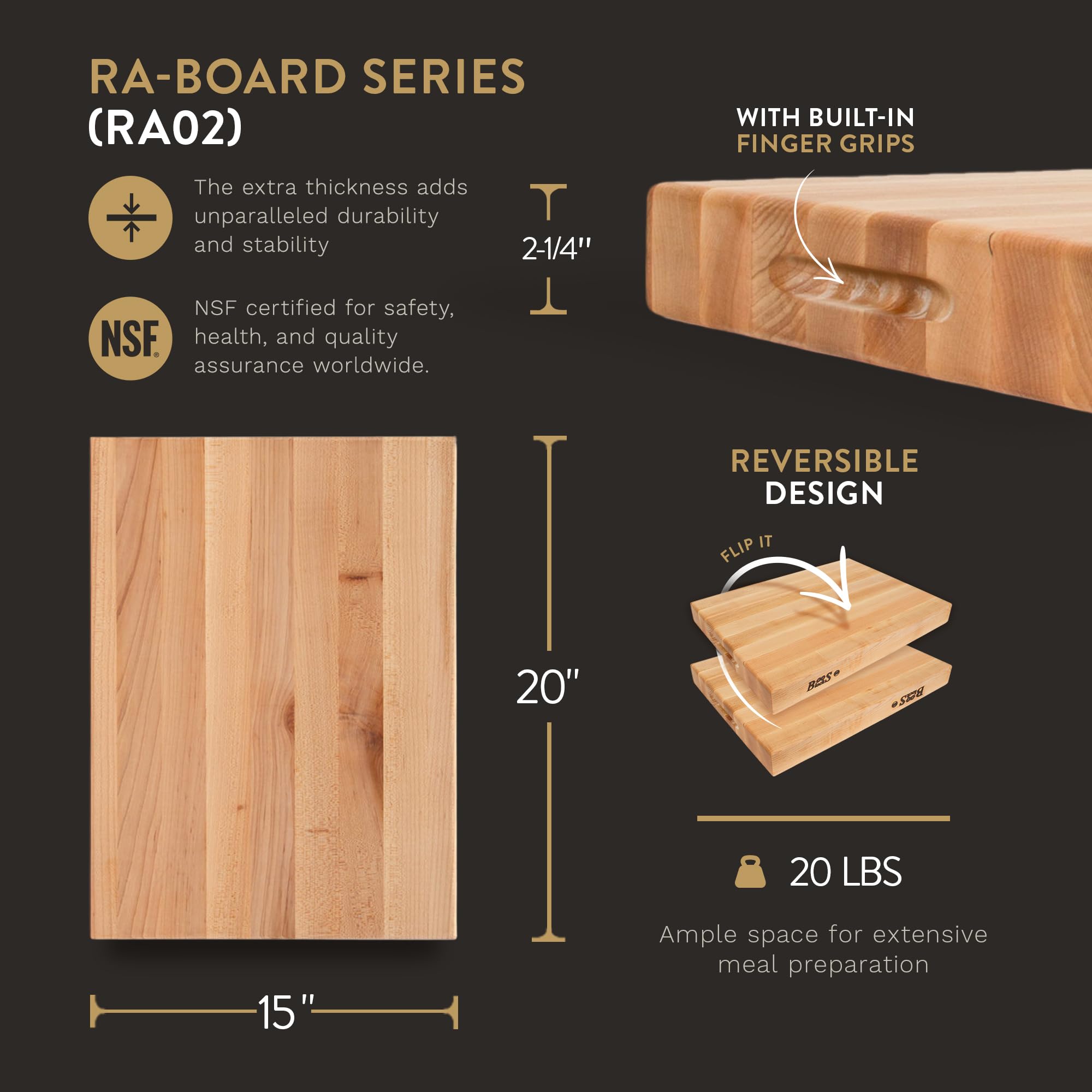 Premium John Boos RA-Board Series Large Reversible Maple Wood Cutting Board - 20
