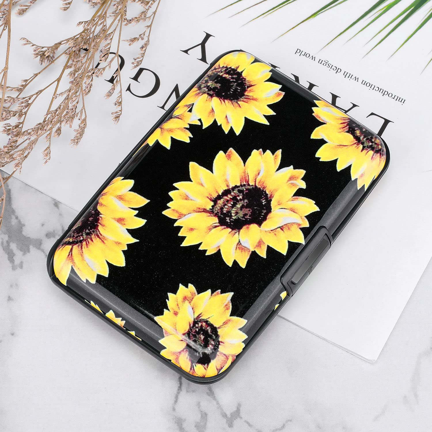 ELFISH Mini RFID Blocking Aluminum Wallet - Slim Credit Card Holder for Men & Women, Metal ID Case with Sunflower Design - Perfect for Travel, Business & Everyday Use