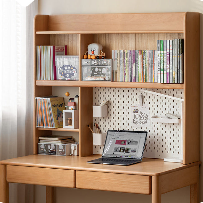 Solid Wood Study Desk with Shelf - Beech & Oak Wooden Writing Desk for Home Office, Study Room, or Library - Durable & Stylish Workspace Solution