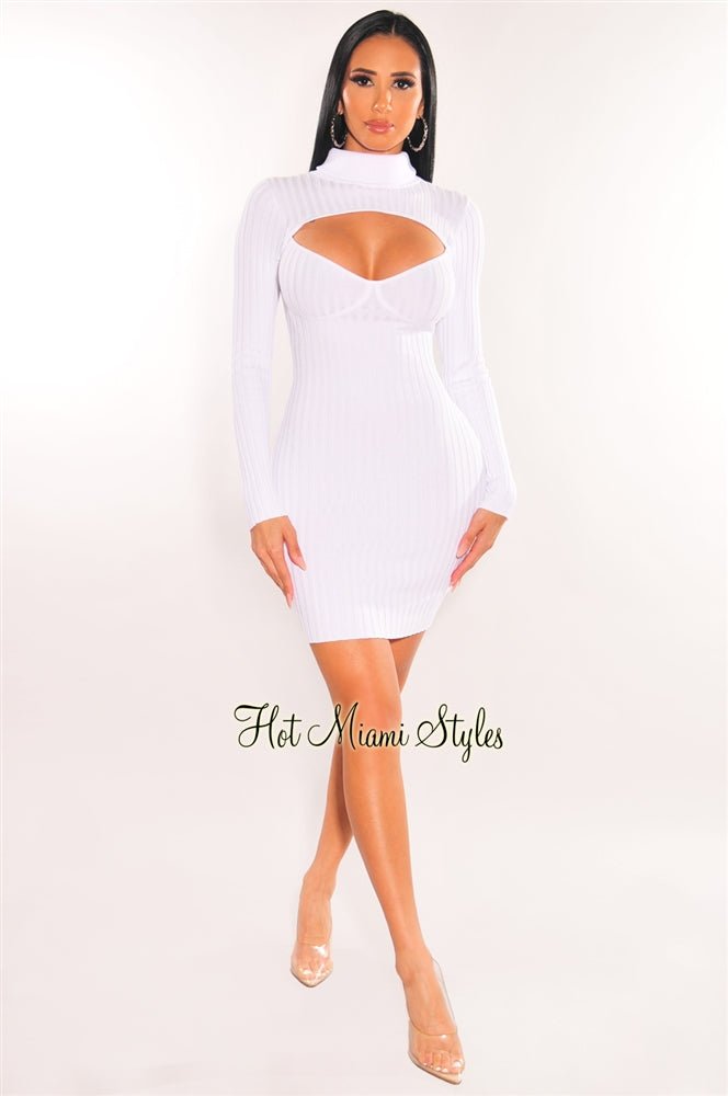Elegant White Ribbed Knit Turtleneck Long Sleeve Cut Out Bodycon Dress for Women | Party, Date Night & Winter Fashion
