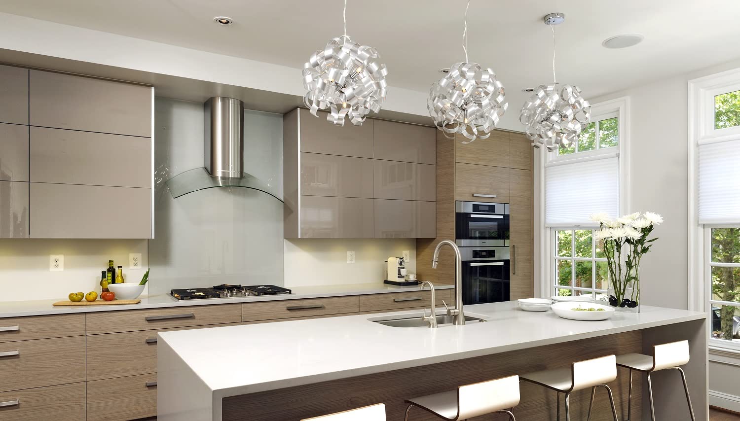 5-Light Modern Pendant Lighting Fixture - Millenia Brushed Nickel Finish - Contemporary Dining Room Chandelier for Kitchen Island, Foyer & Living Room Decor