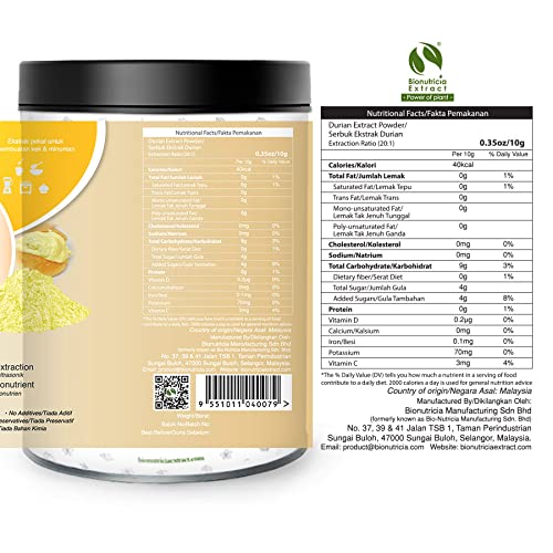 BioNutricia Musang Durian Extract Powder - High in Fiber & Protein, 100g | Vegan Superfood for Smoothies, Baking & Healthy Snacks