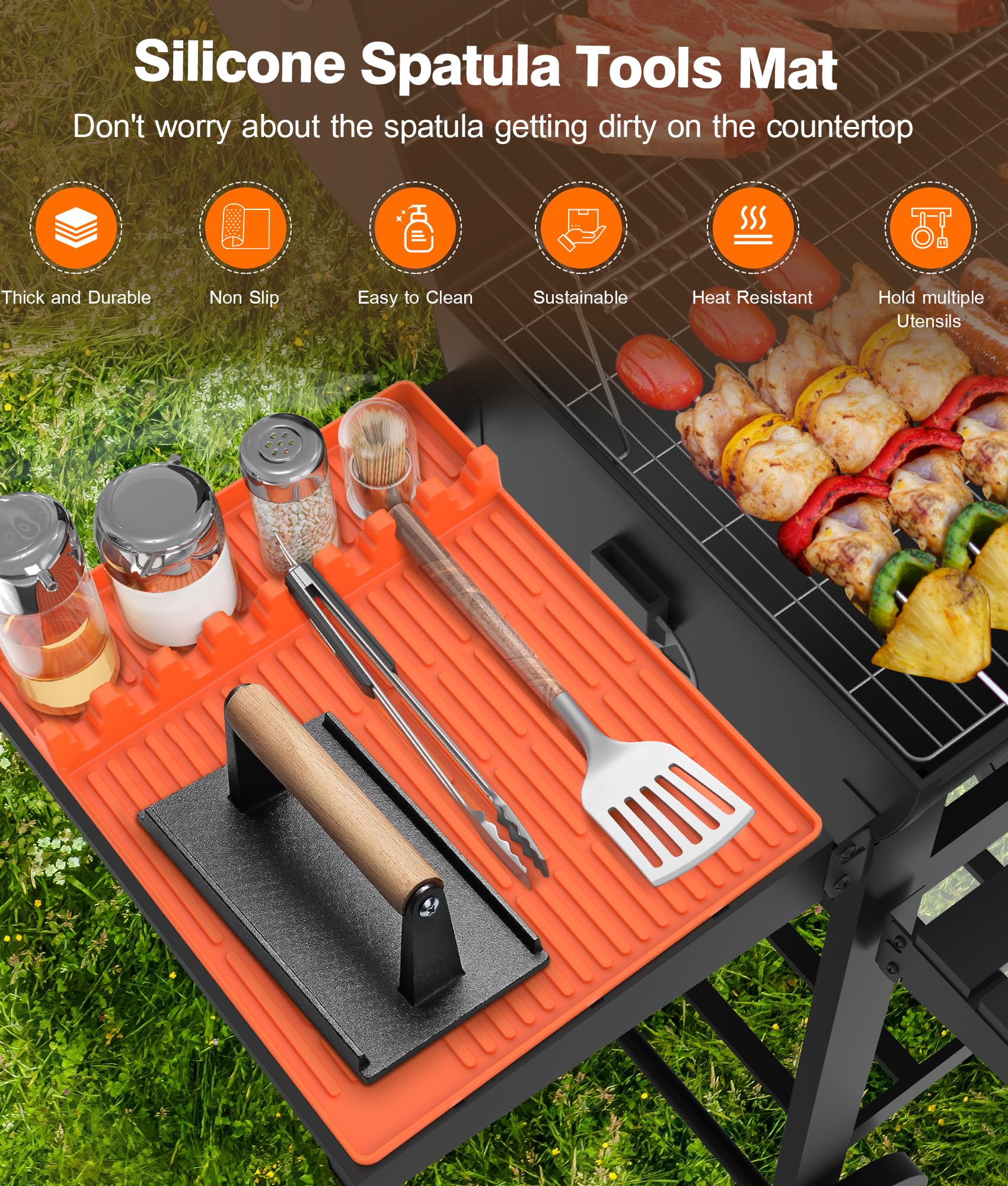 Premium Silicone Griddle Tools Mat for Blackstone - Large Non-Slip Spatula Mat with Drip Tray - Heat-Resistant BBQ Grill Accessories - Side Shelf Protector for Blackstone Griddles (Orange) - Perfect for Outdoor Cooking, Camping & Backyard BBQs