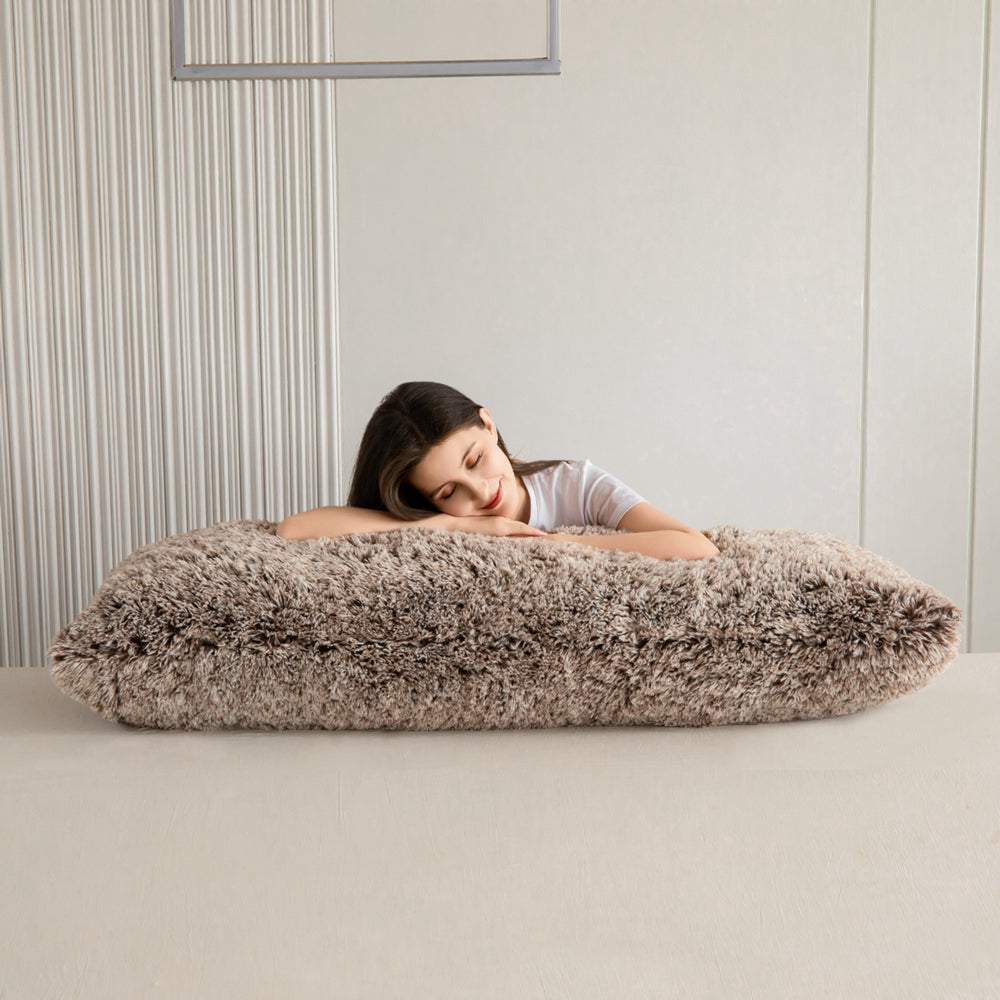 MAXYOYO Ultra Luxury Faux Fur Body Pillow with Memory Foam - 20x54 Inch Coffee Brown - Soft Hugging Pillow for Adults, Washable Cover - Perfect for Sleeping, Lounging & Pregnancy Support