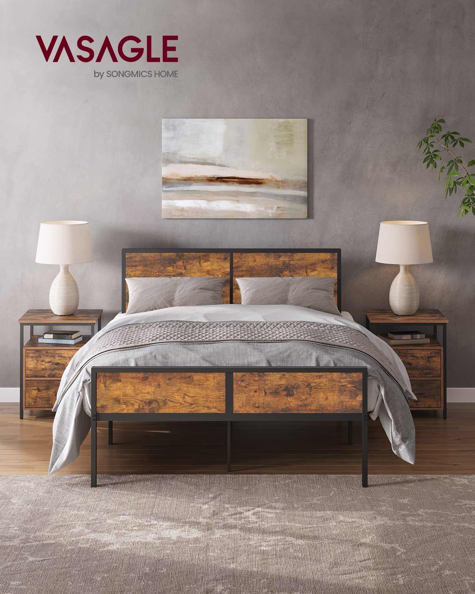 VASAGLE Full Size Metal Bed Frame with Headboard and Footboard, No Box Spring Required, Under Bed Storage Space, Classic Rustic Design - Perfect for Small Bedrooms, Guest Rooms & Dormitories
