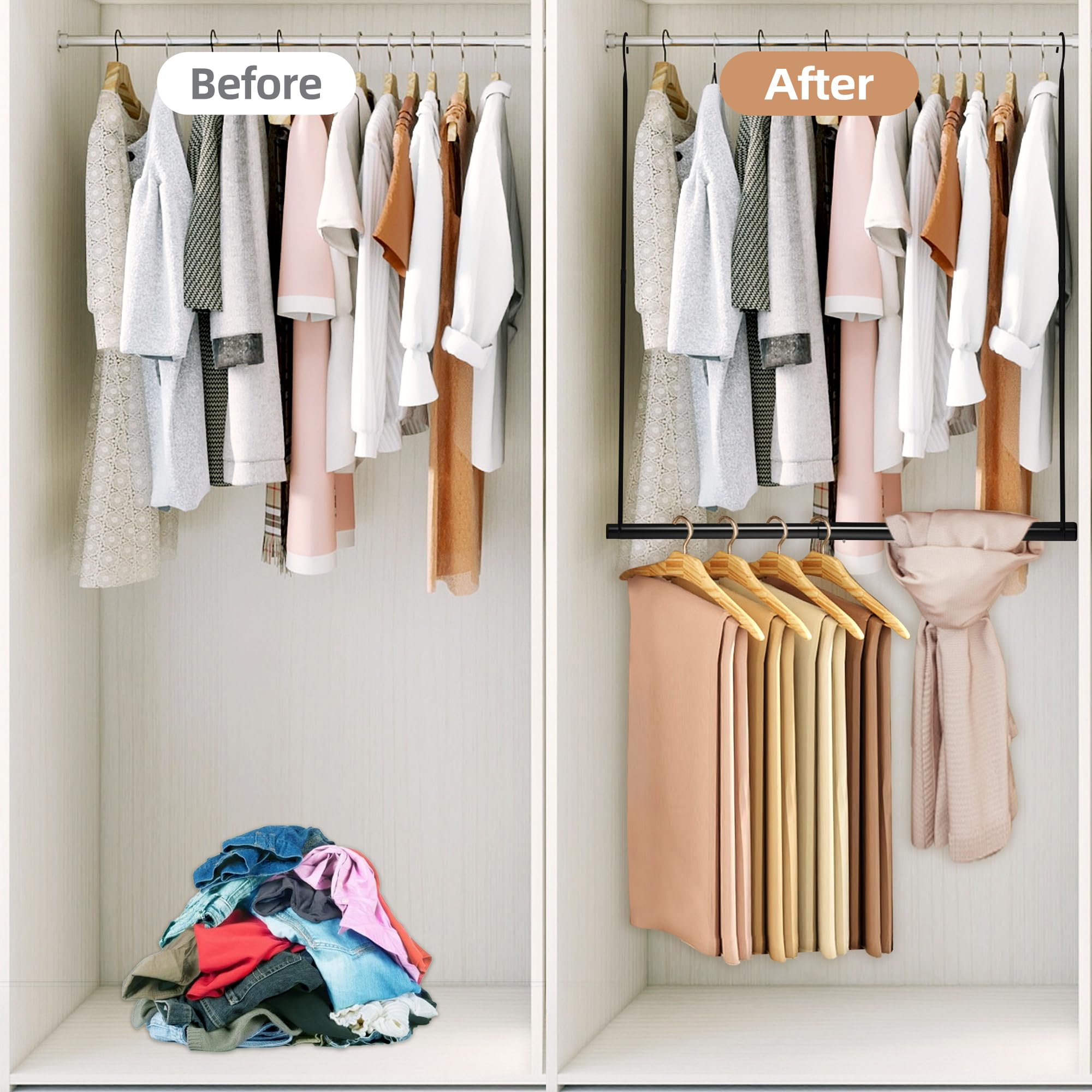 STORAGE MANIAC Adjustable Hanging Closet Rod Organizer - Space Saving Closet Extender with Double Rod, 2 Pack Black - Perfect for Bedroom, Closet & Small Space Organization